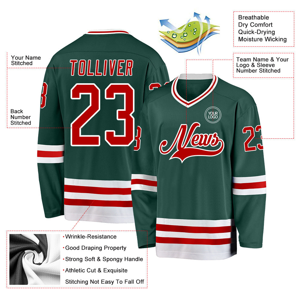 Custom Green Red-White Hockey Jersey view 3