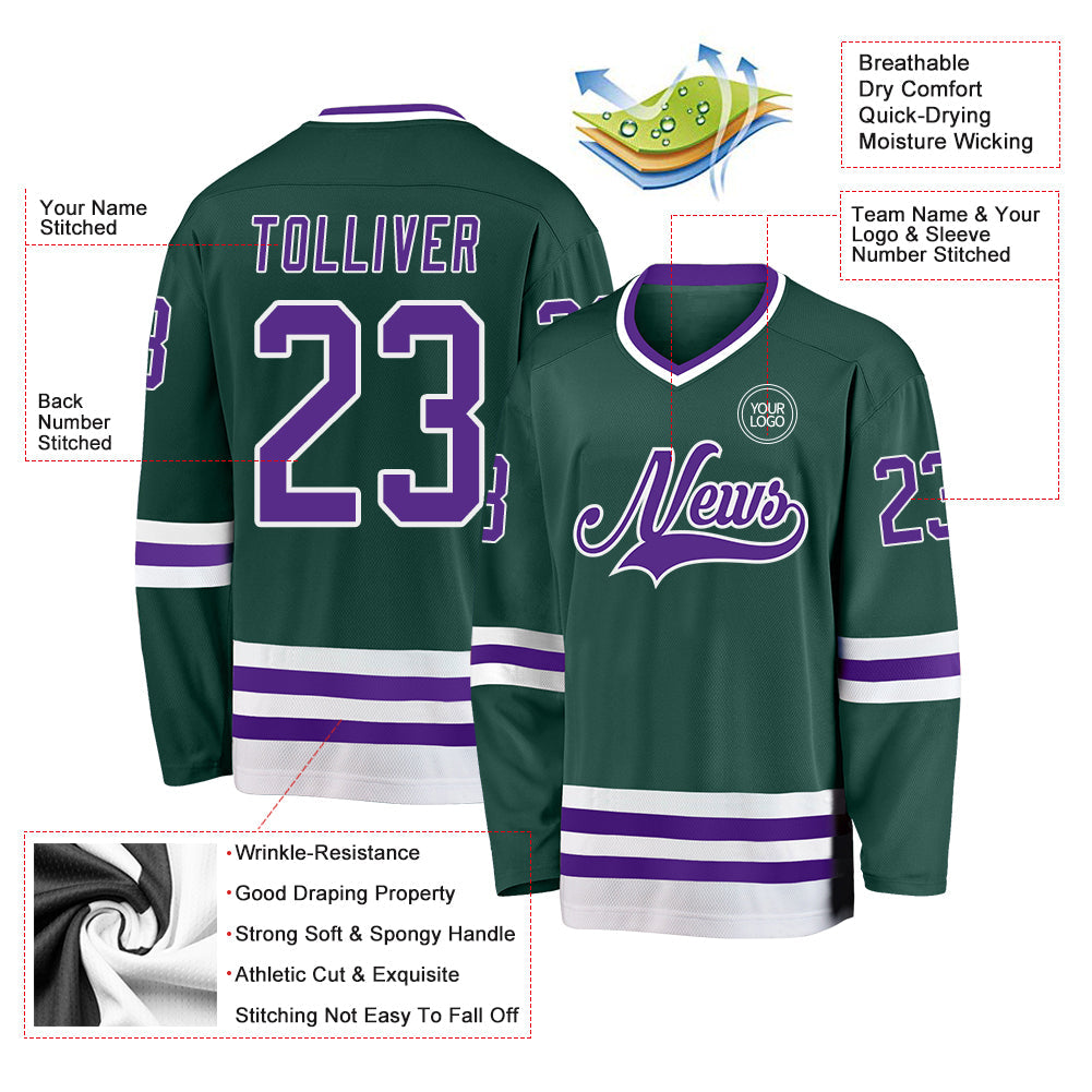 Custom Green Purple-White Hockey Jersey view 3