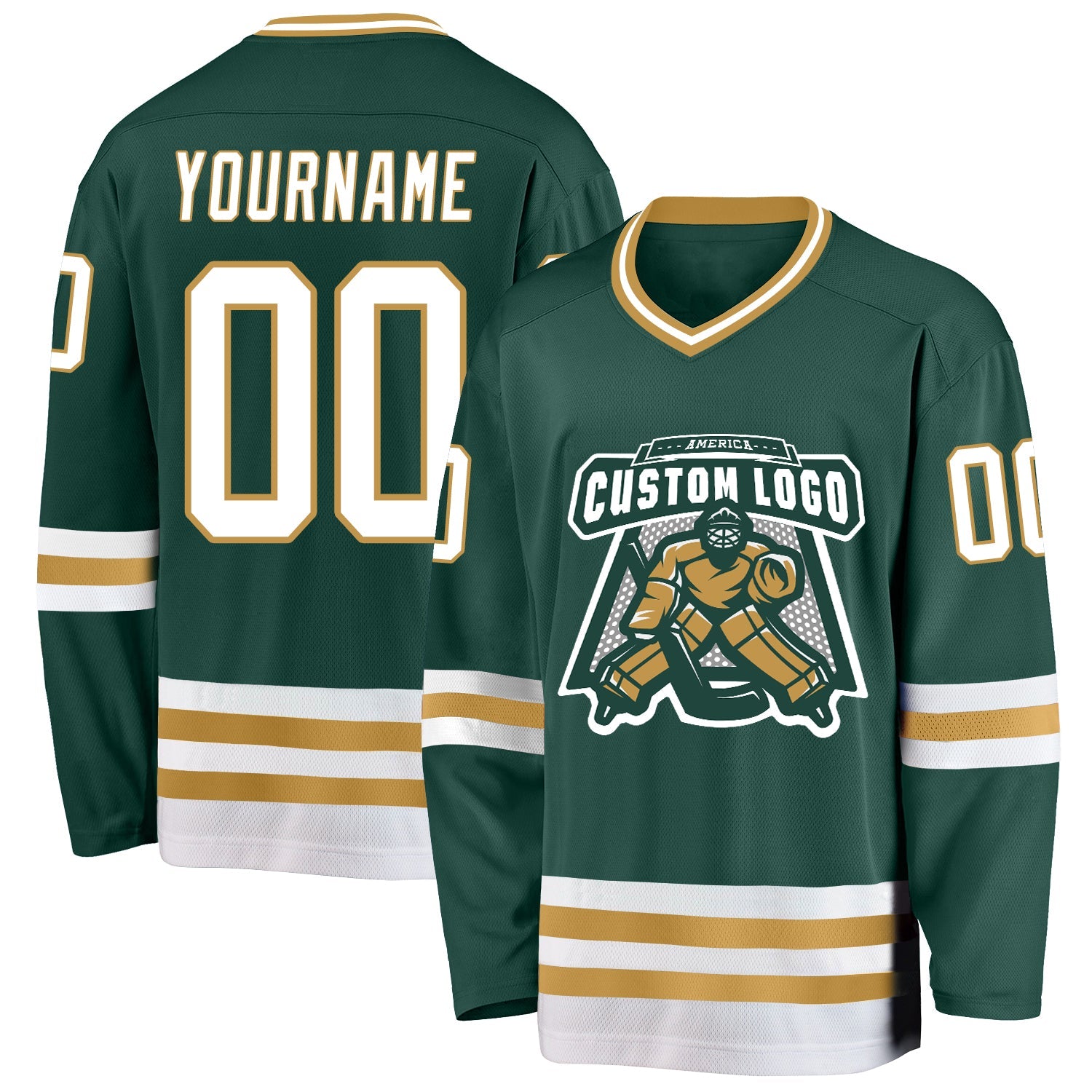 Custom Green White-Old Gold Hockey Jersey view 2
