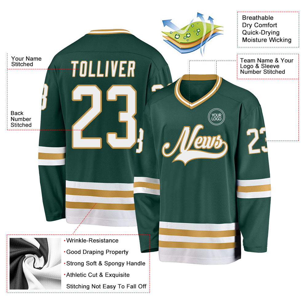 Custom Green White-Old Gold Hockey Jersey view 3