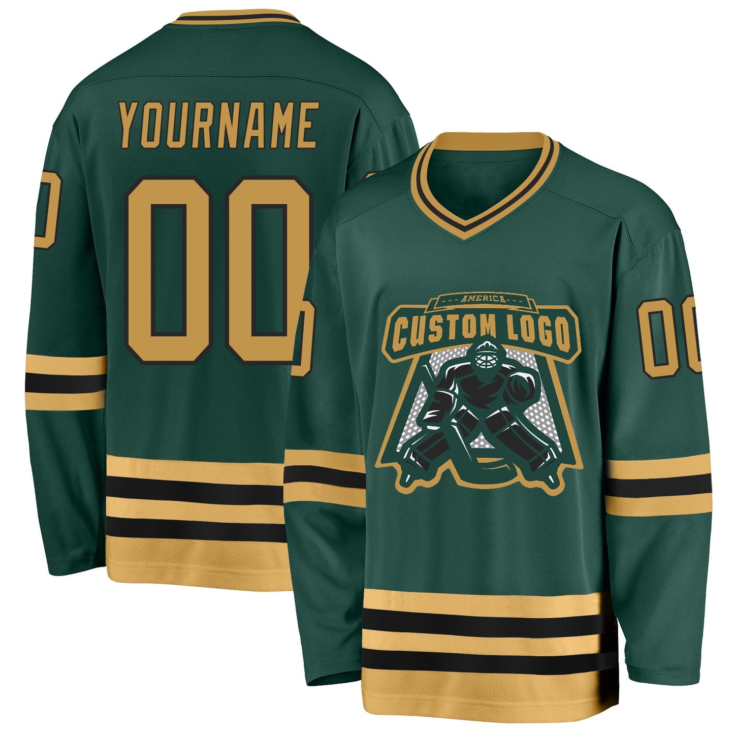 Custom Green Old Gold-Black Hockey Jersey view 2