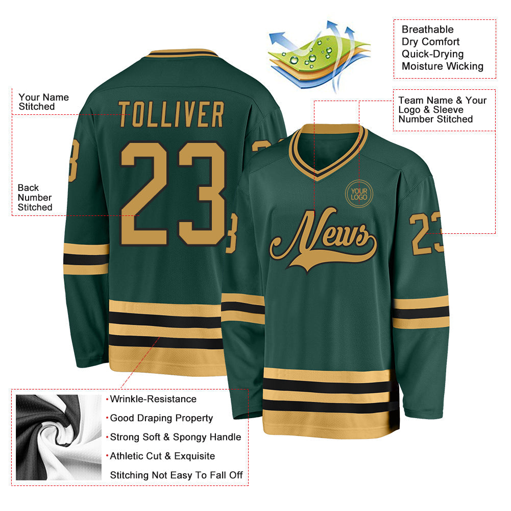 Custom Green Old Gold-Black Hockey Jersey view 3