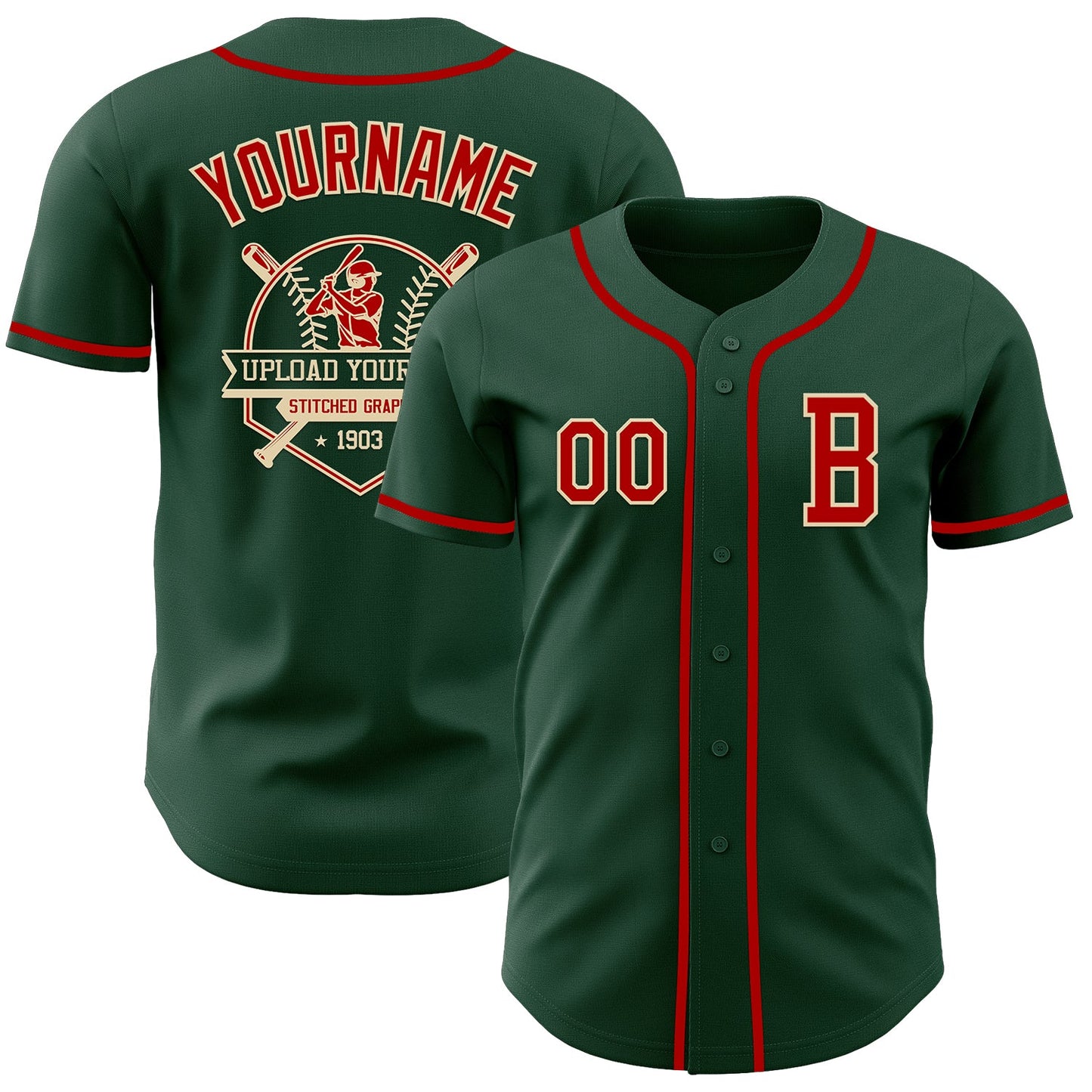 Custom Green Red-Cream Authentic Baseball Jersey view 5