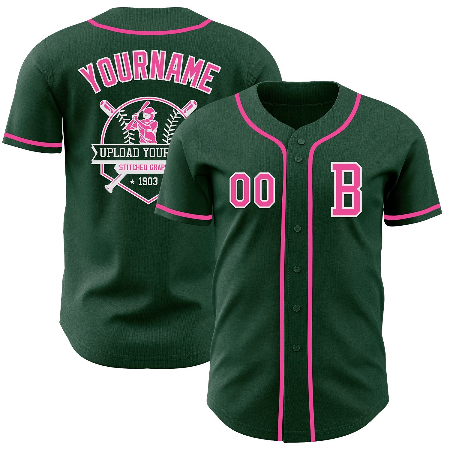 Custom Green Pink-White Authentic Baseball Jersey view 5