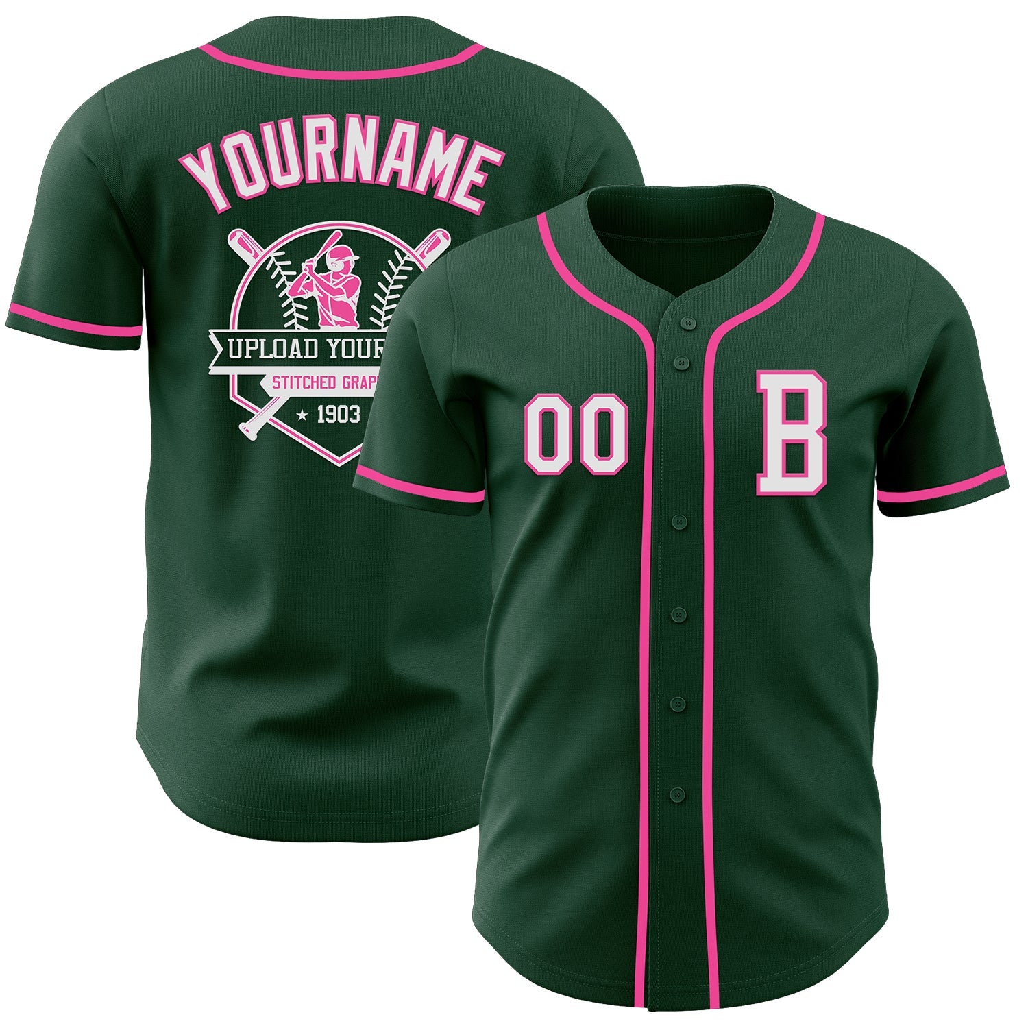 Custom Green White-Pink Authentic Baseball Jersey view 5