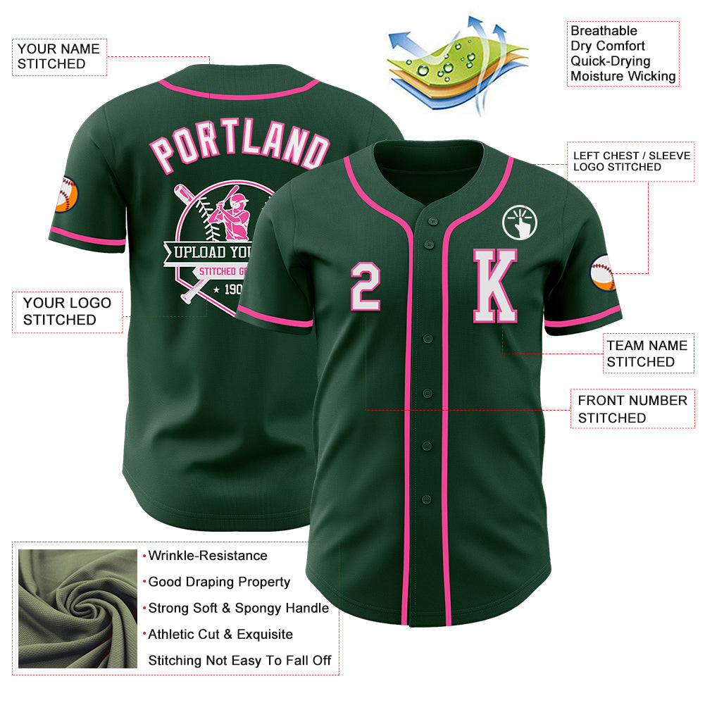 Custom Green White-Pink Authentic Baseball Jersey view 6