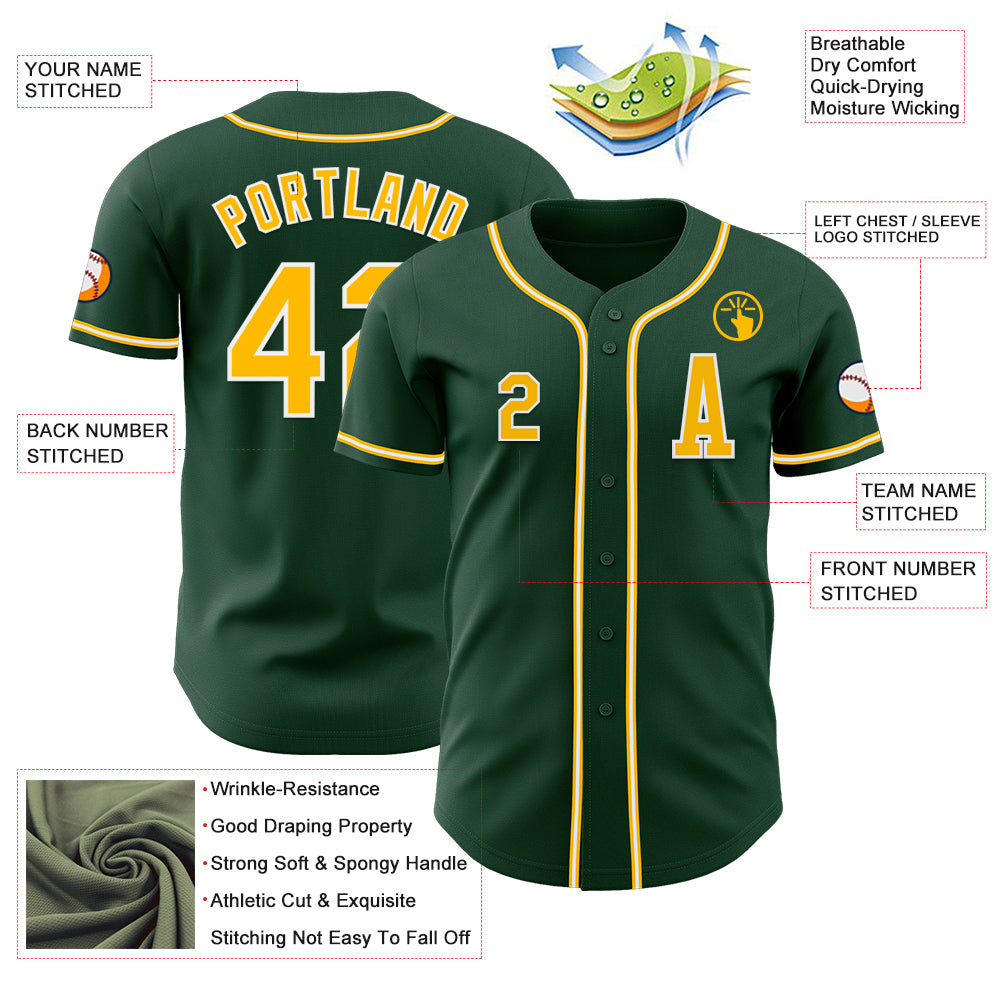 Custom Green Gold-White Authentic Baseball Jersey view 2