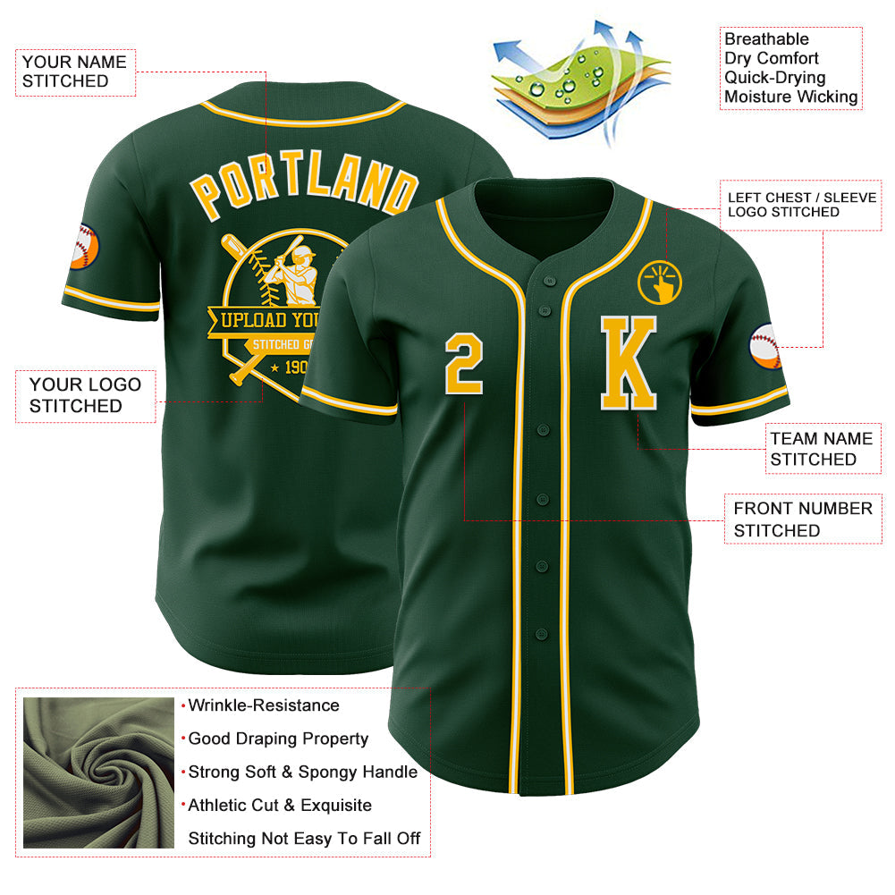 Custom Green Gold-White Authentic Baseball Jersey view 6