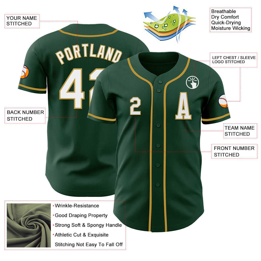 Custom Green White-Old Gold Authentic Baseball Jersey view 2