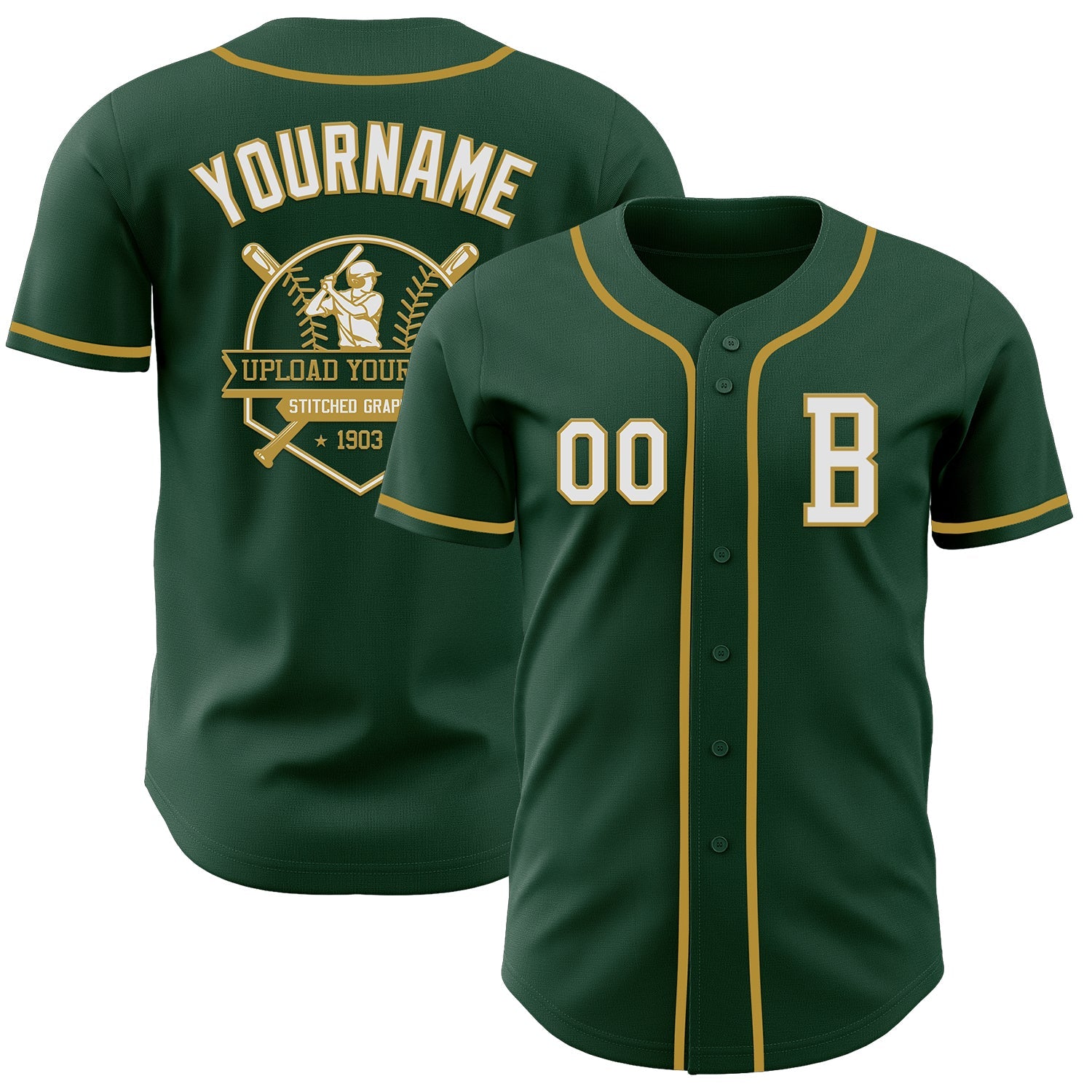 Custom Green White-Old Gold Authentic Baseball Jersey view 5