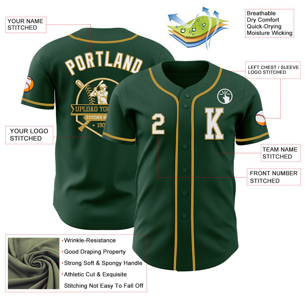 Custom Green White-Old Gold Authentic Baseball Jersey view 6