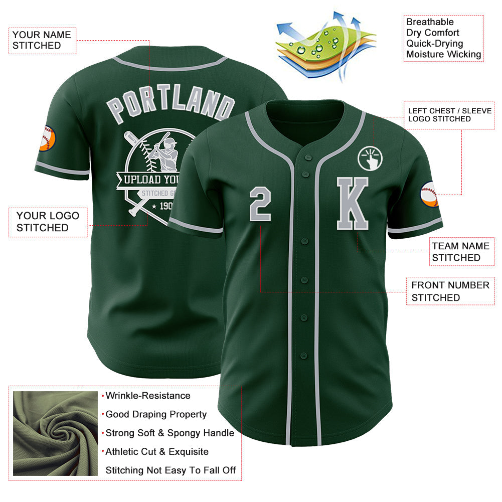 Custom Green Gray-White Authentic Baseball Jersey view 6