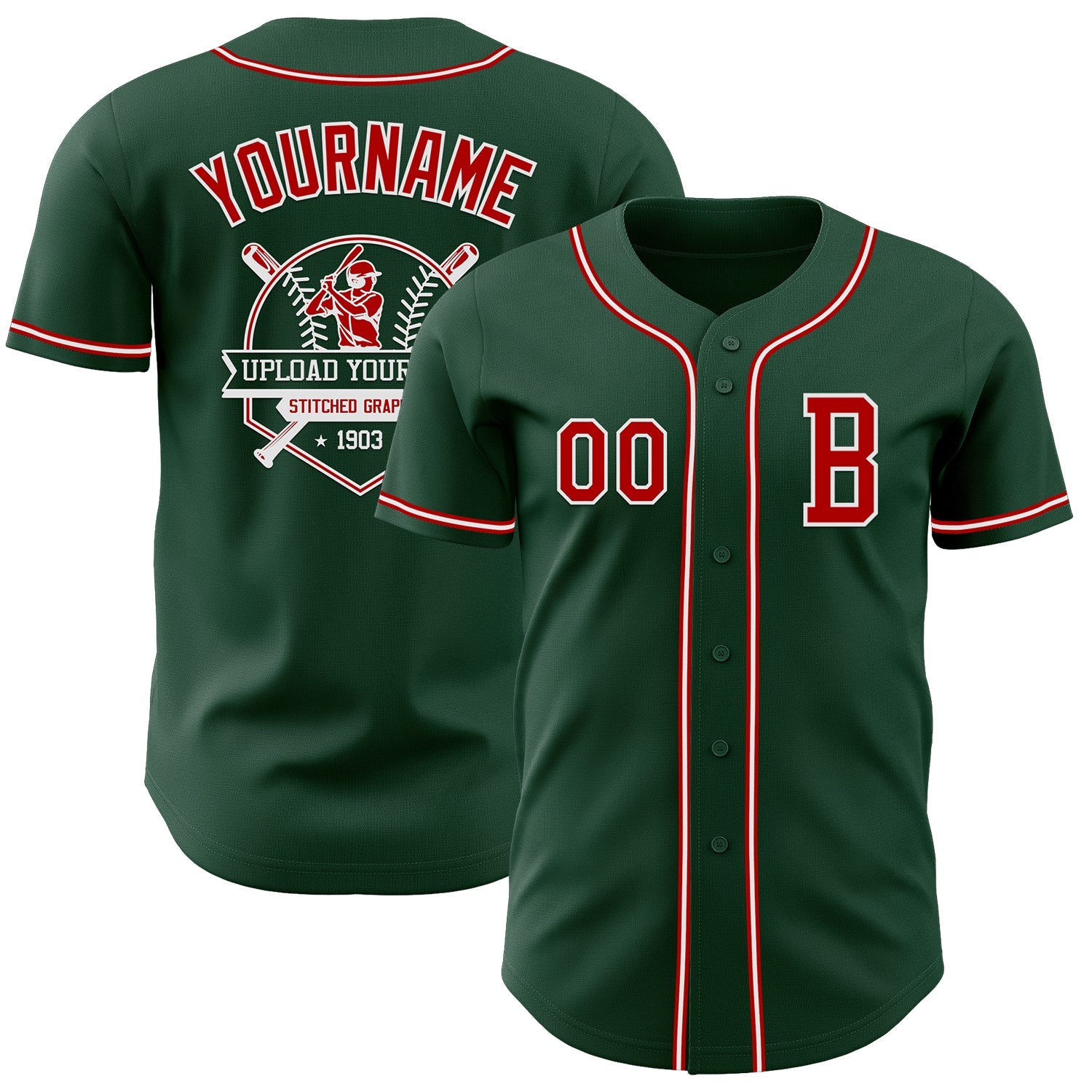 Custom Green Red-White Authentic Baseball Jersey view 5