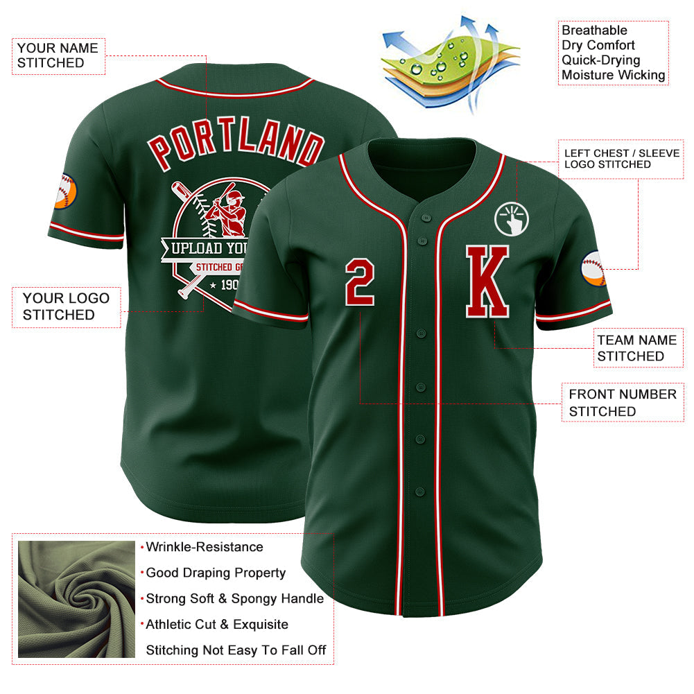 Custom Green Red-White Authentic Baseball Jersey view 6