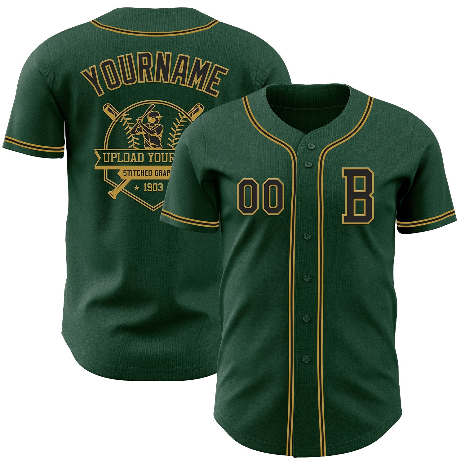 Custom Green Black-Old Gold Authentic Baseball Jersey view 5