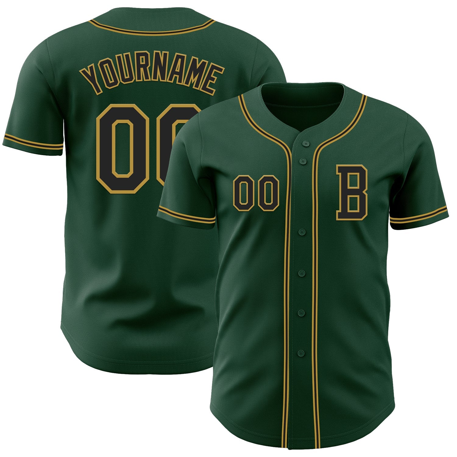 Custom Green Black-Old Gold Authentic Baseball Jersey - Main View