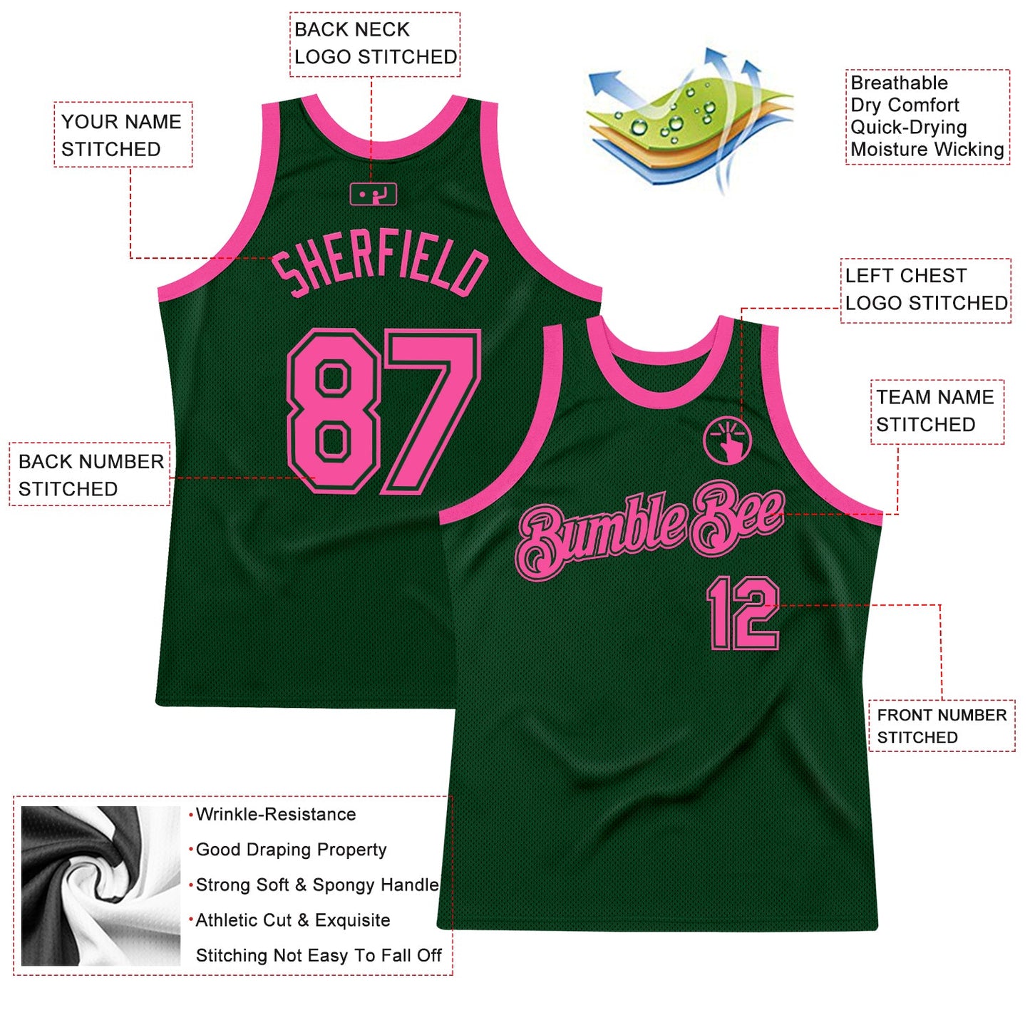 Custom Green Pink Authentic Throwback Basketball Jersey view 2