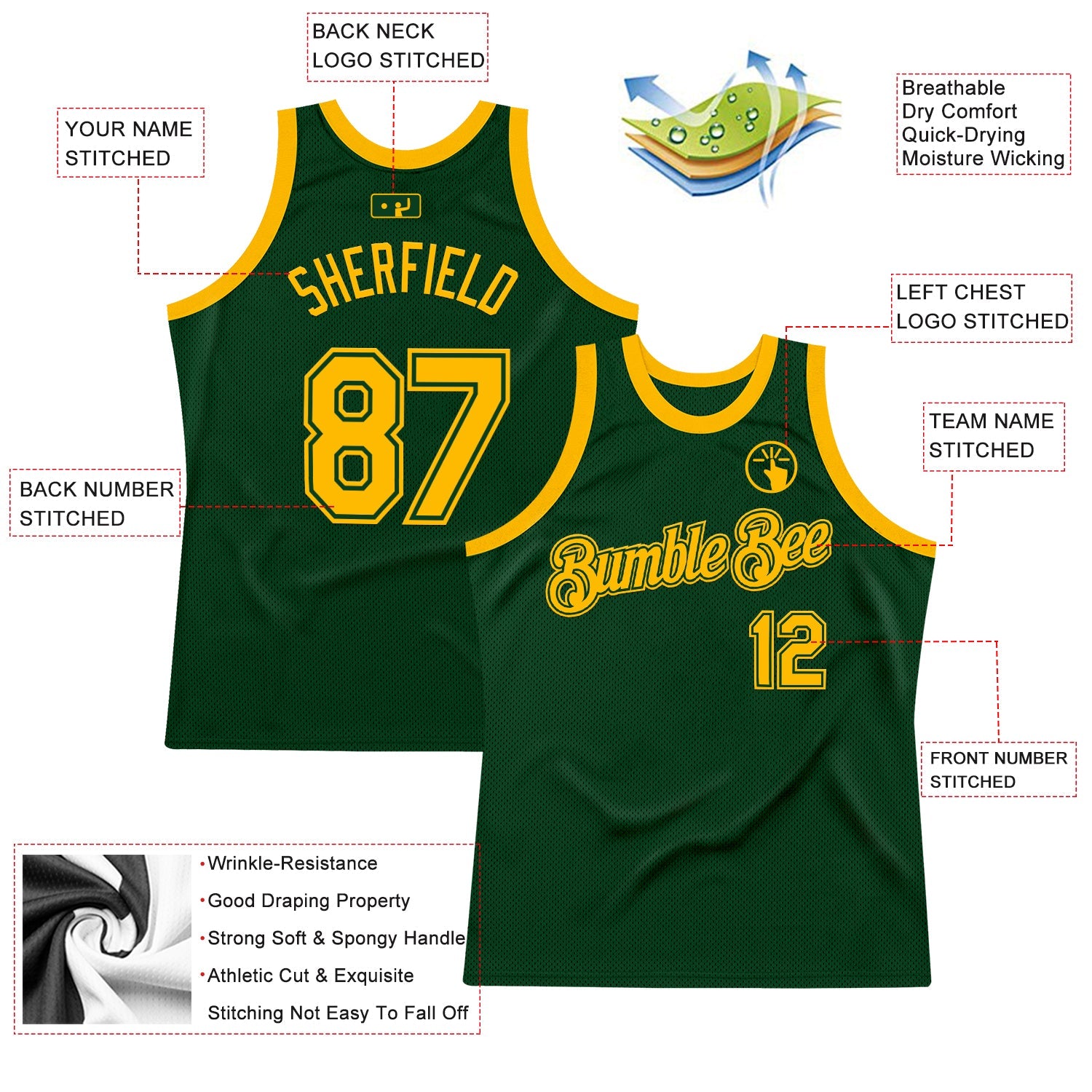 Custom Green Gold Authentic Throwback Basketball Jersey view 2