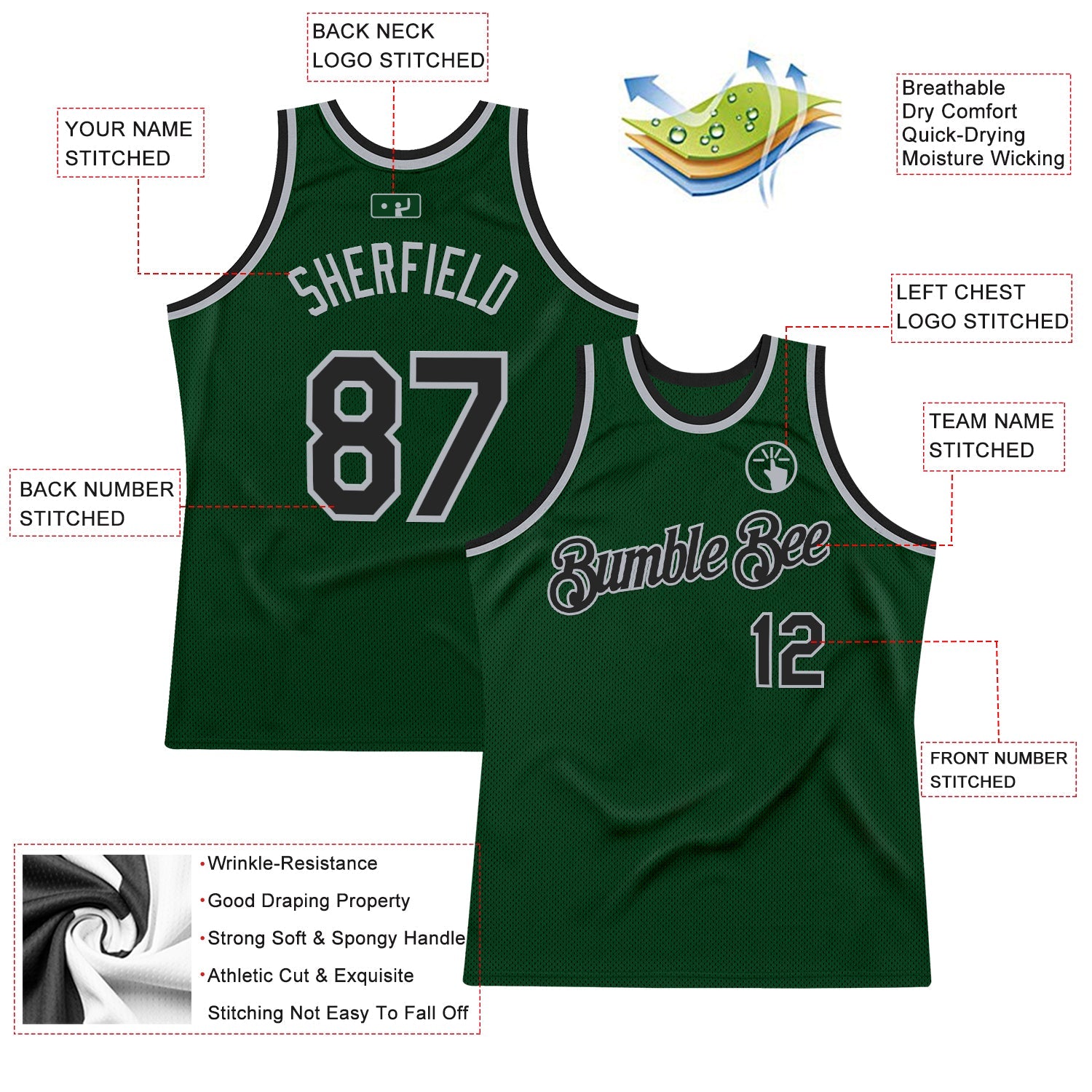 Custom Green Black-Gray Authentic Throwback Basketball Jersey view 2