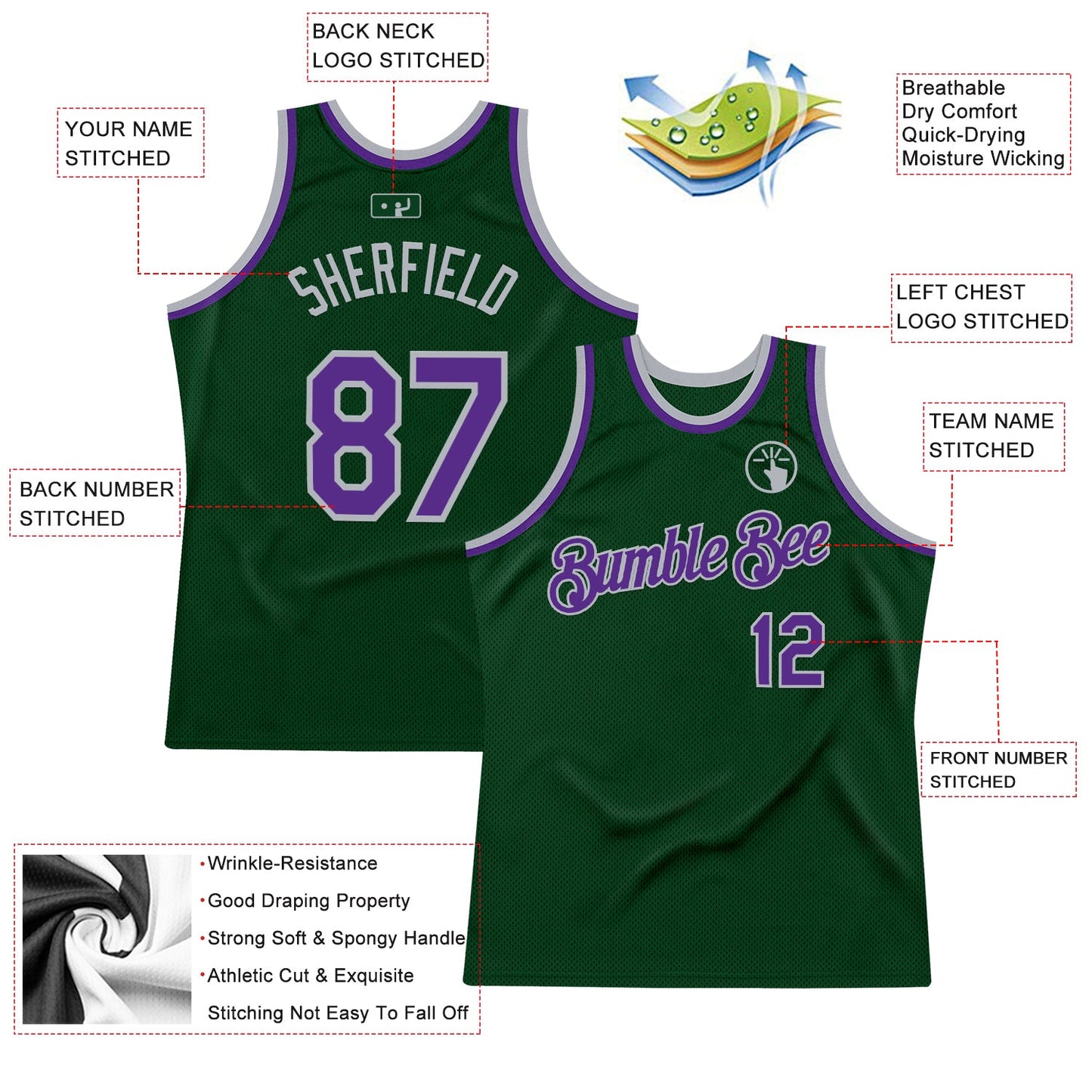 Custom Green Purple-Gray Authentic Throwback Basketball Jersey view 2