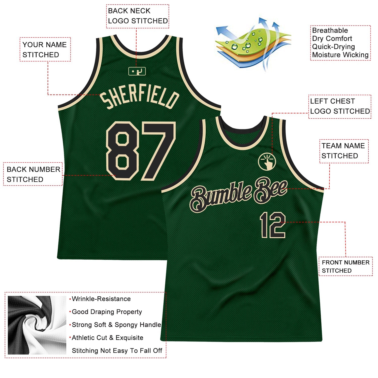 Custom Green Black-Cream Authentic Throwback Basketball Jersey view 2
