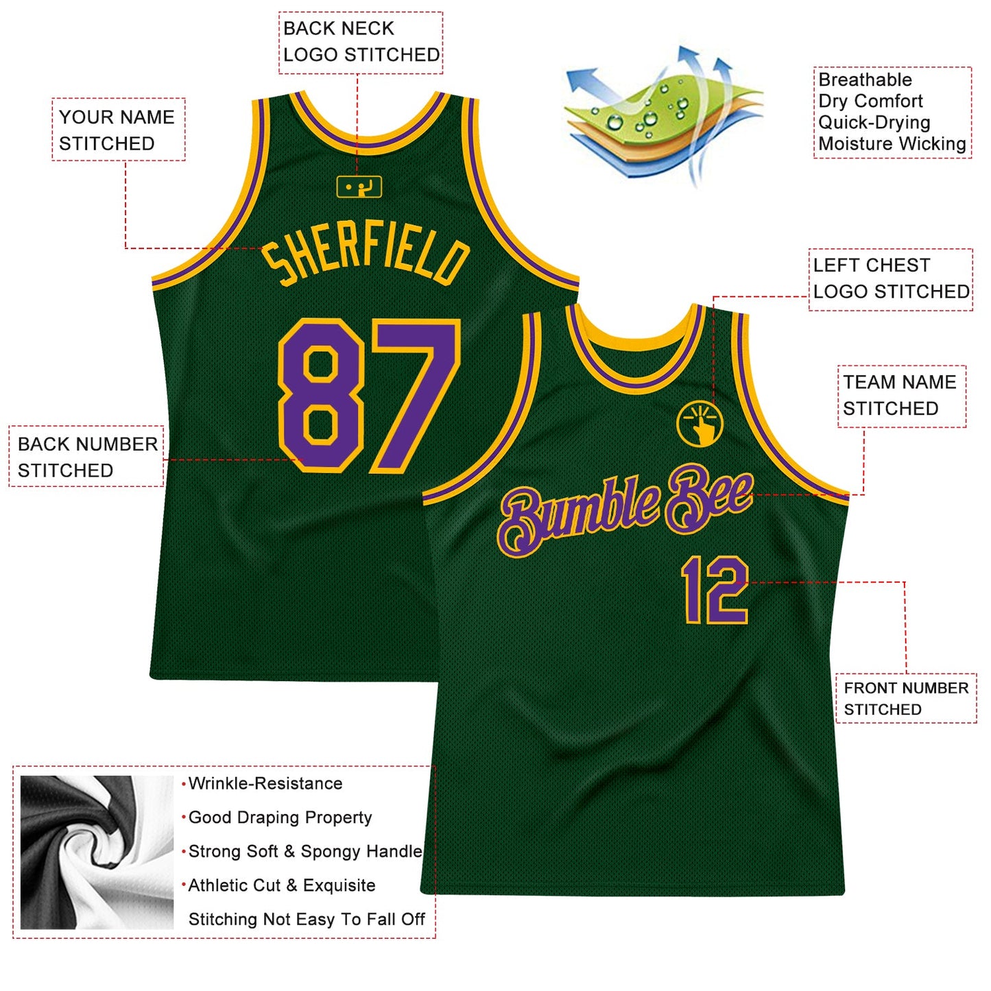 Custom Green Purple-Gold Authentic Throwback Basketball Jersey view 2