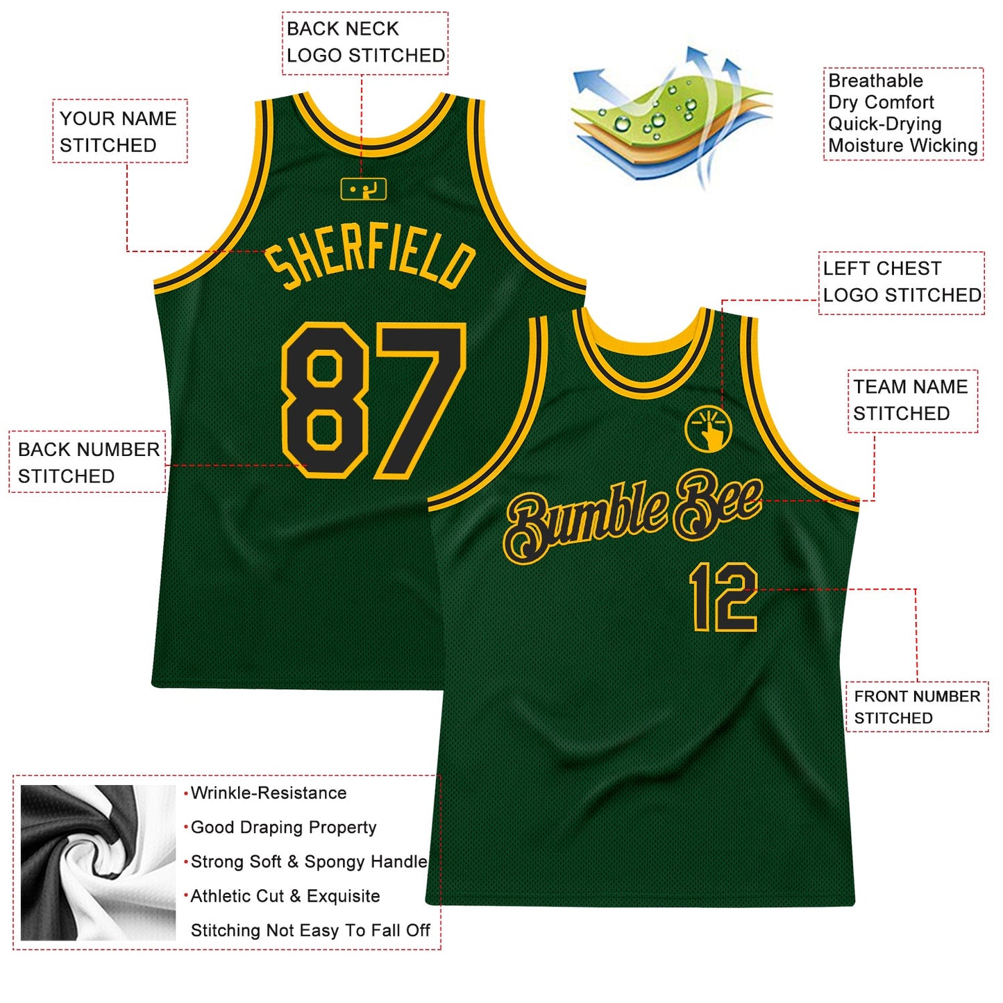 Custom Green Black-Gold Authentic Throwback Basketball Jersey view 2