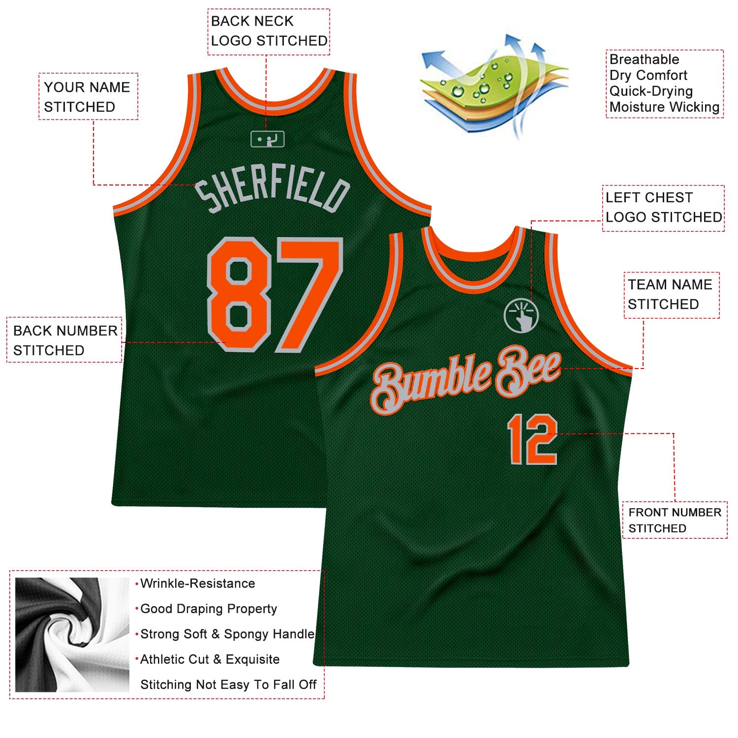 Custom Green Orange-Gray Authentic Throwback Basketball Jersey view 2