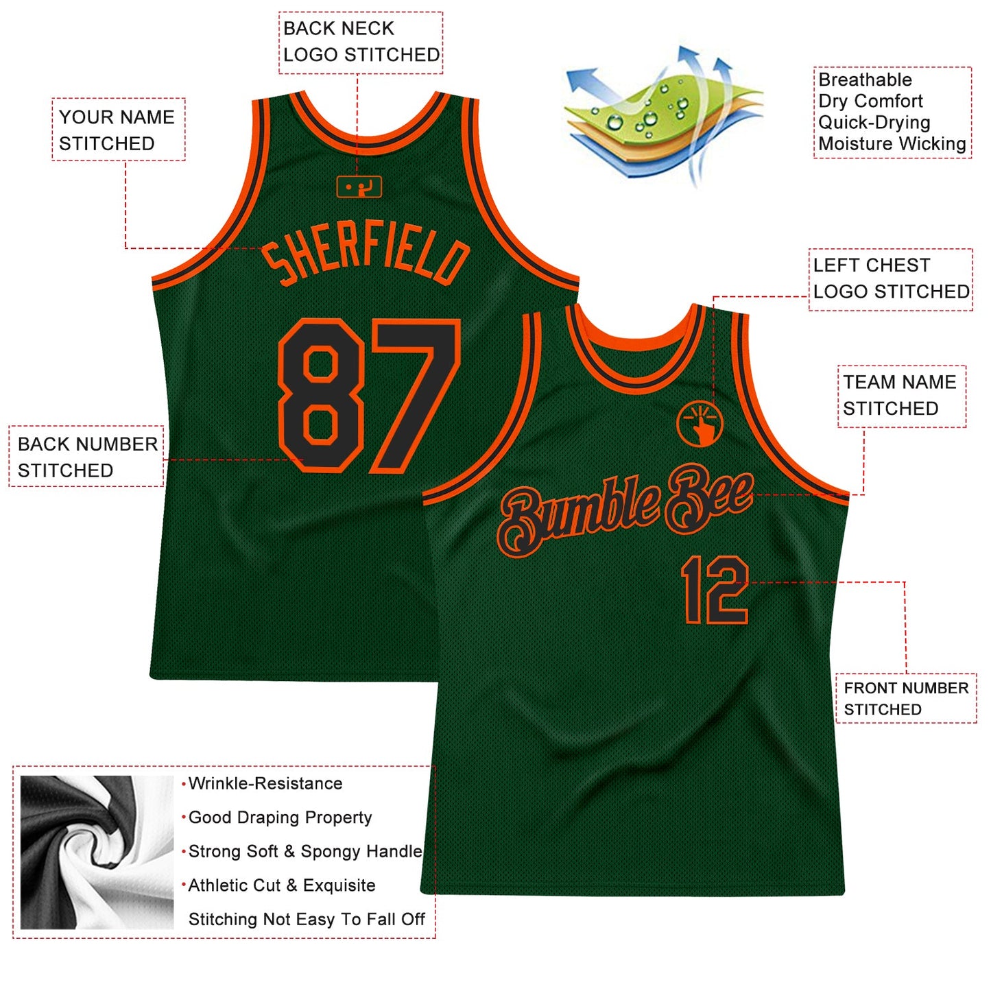 Custom Green Black-Orange Authentic Throwback Basketball Jersey view 2
