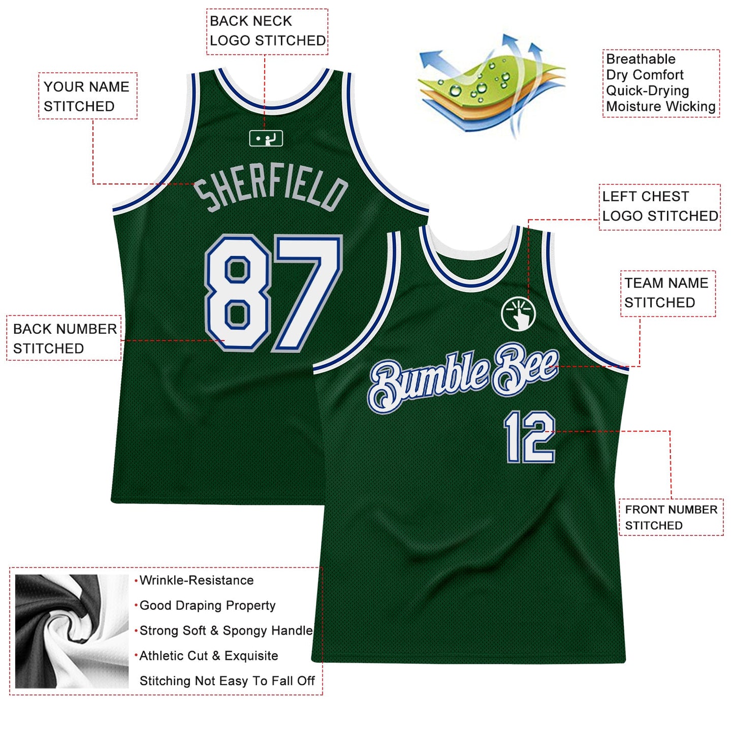 Custom Green White Royal-Gray Authentic Throwback Basketball Jersey view 2