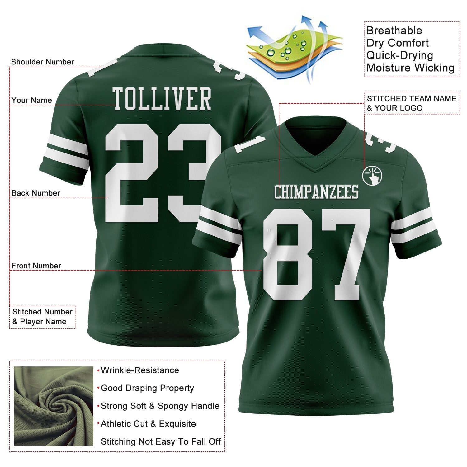 Custom Green White Authentic Football Jersey view 3