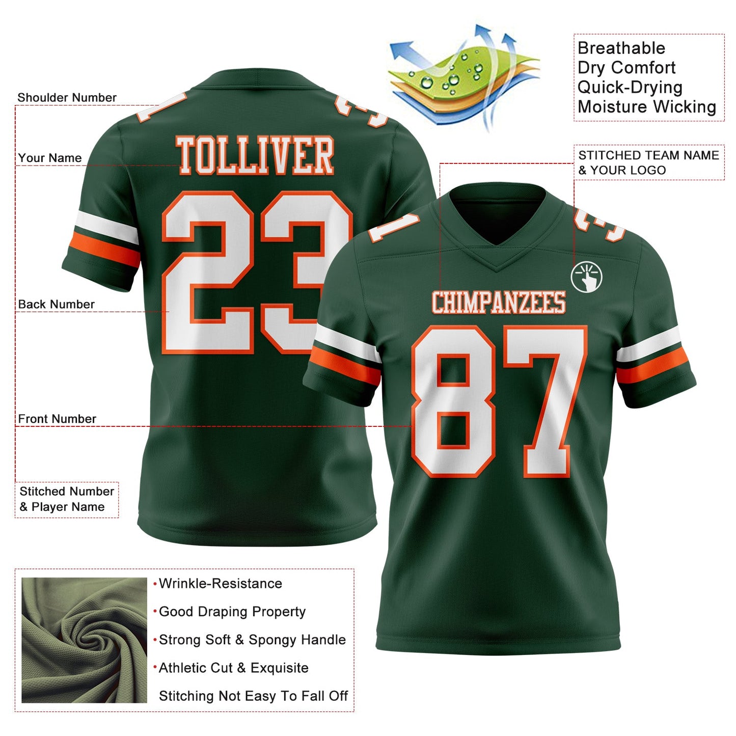 Custom Green White-Orange Authentic Football Jersey view 3