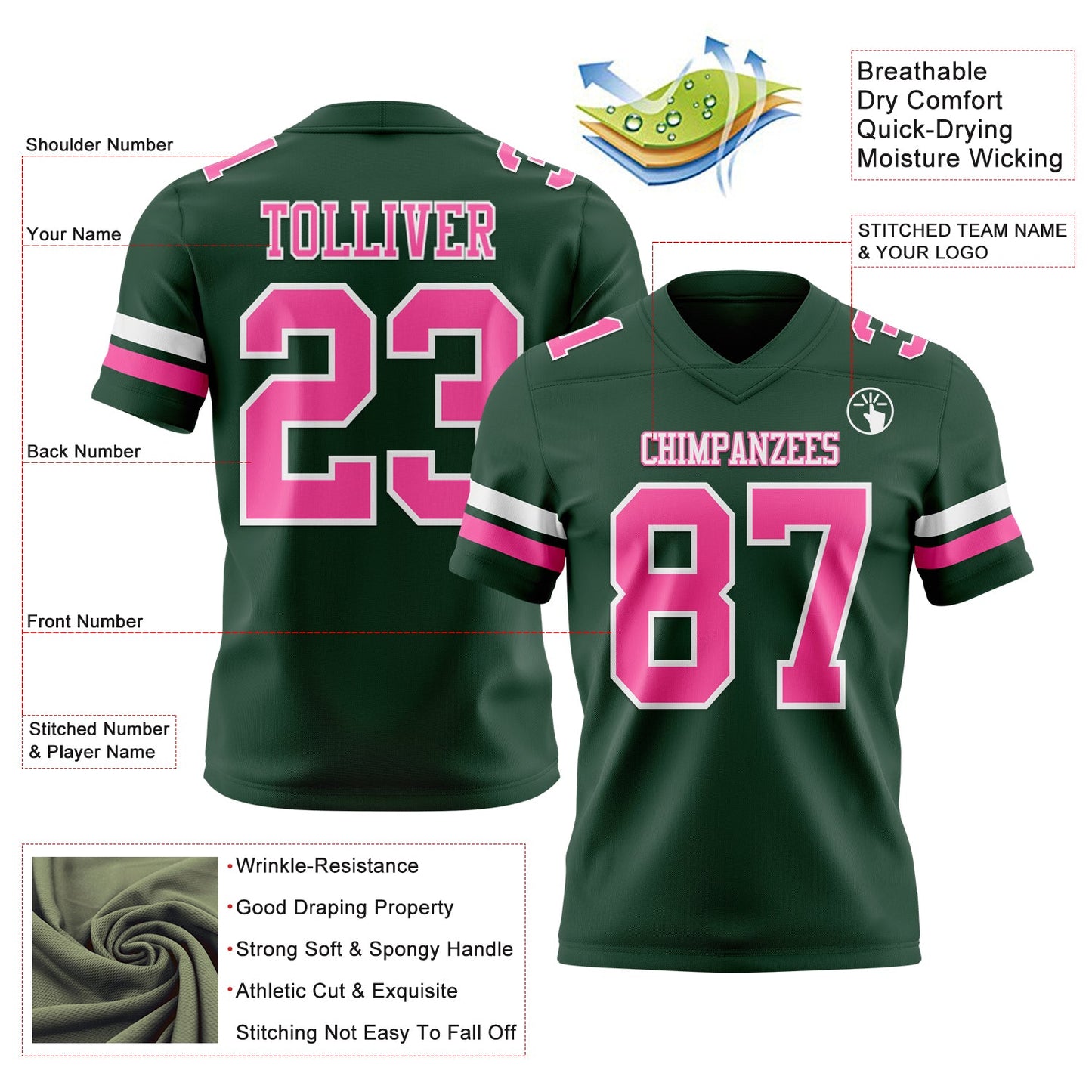 Custom Green Pink-White Authentic Football Jersey view 3