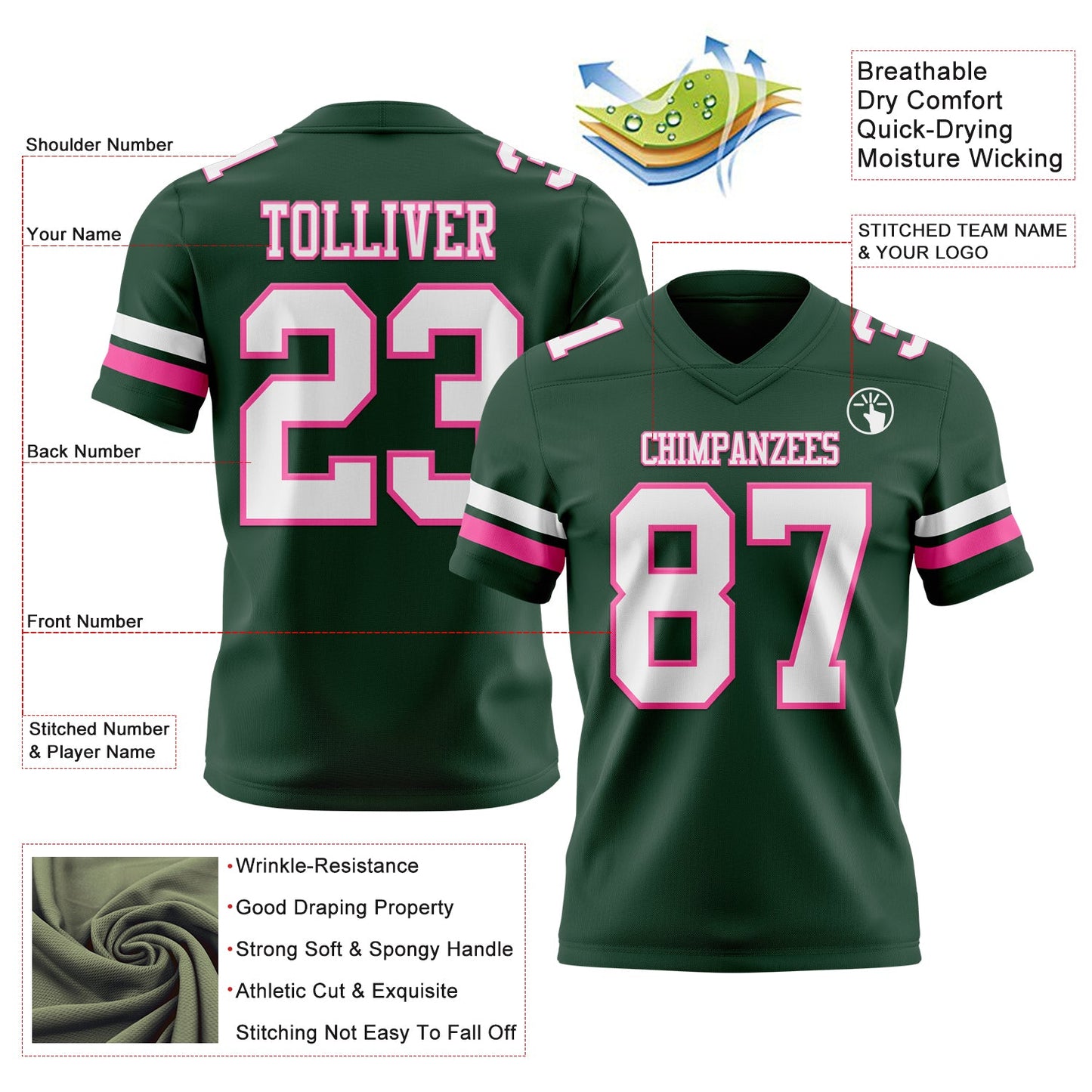 Custom Green White-Pink Authentic Football Jersey view 3
