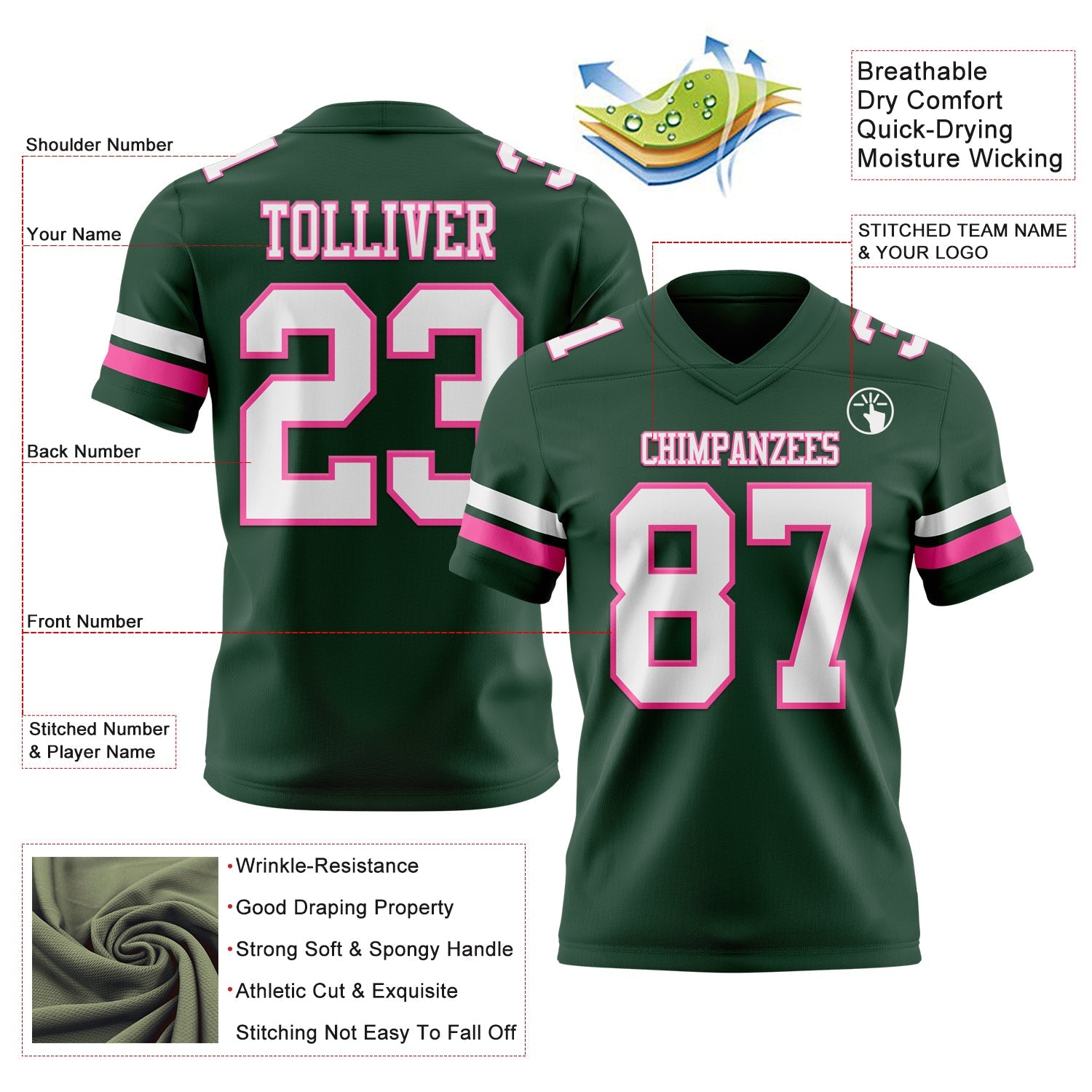 Custom Green White-Pink Authentic Football Jersey view 3