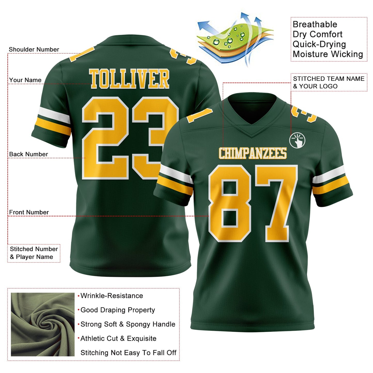 Custom Green Gold-White Authentic Football Jersey view 3