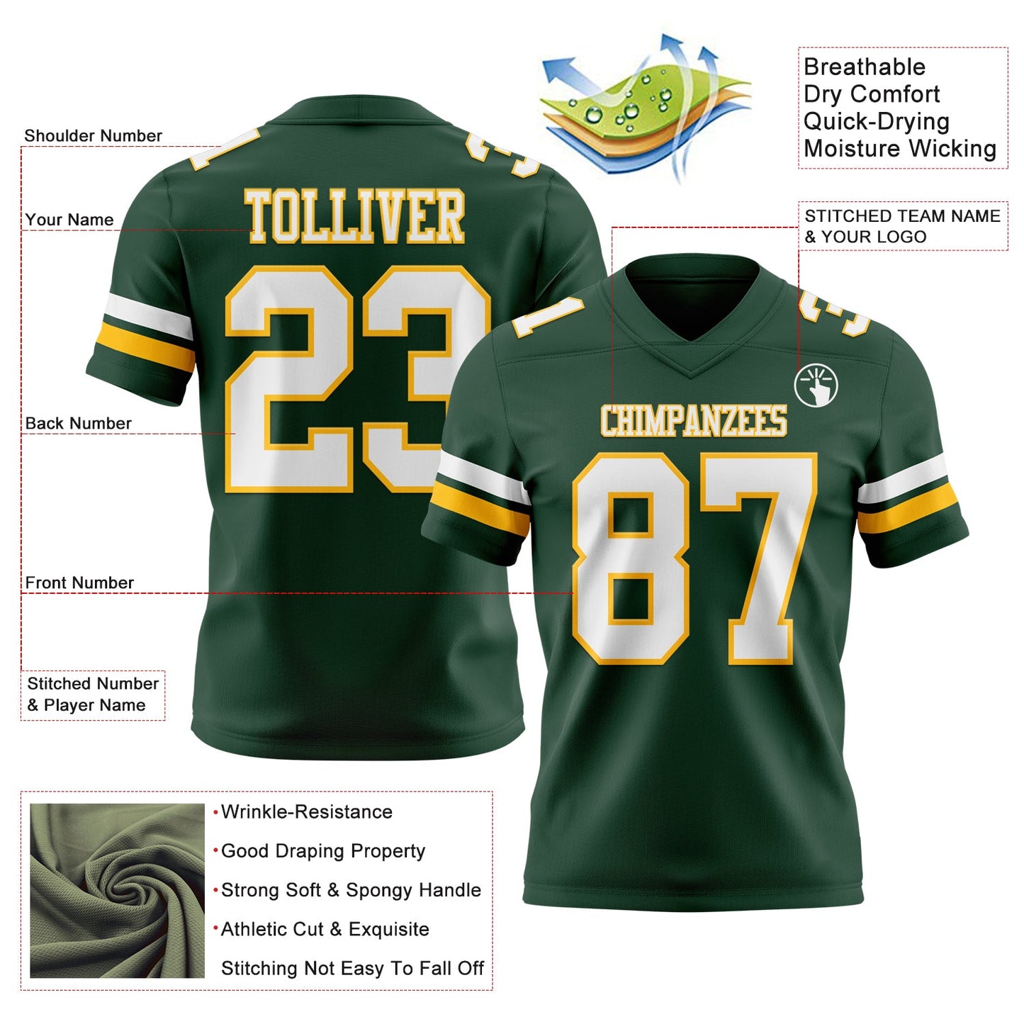 Custom Green White-Gold Authentic Football Jersey view 3