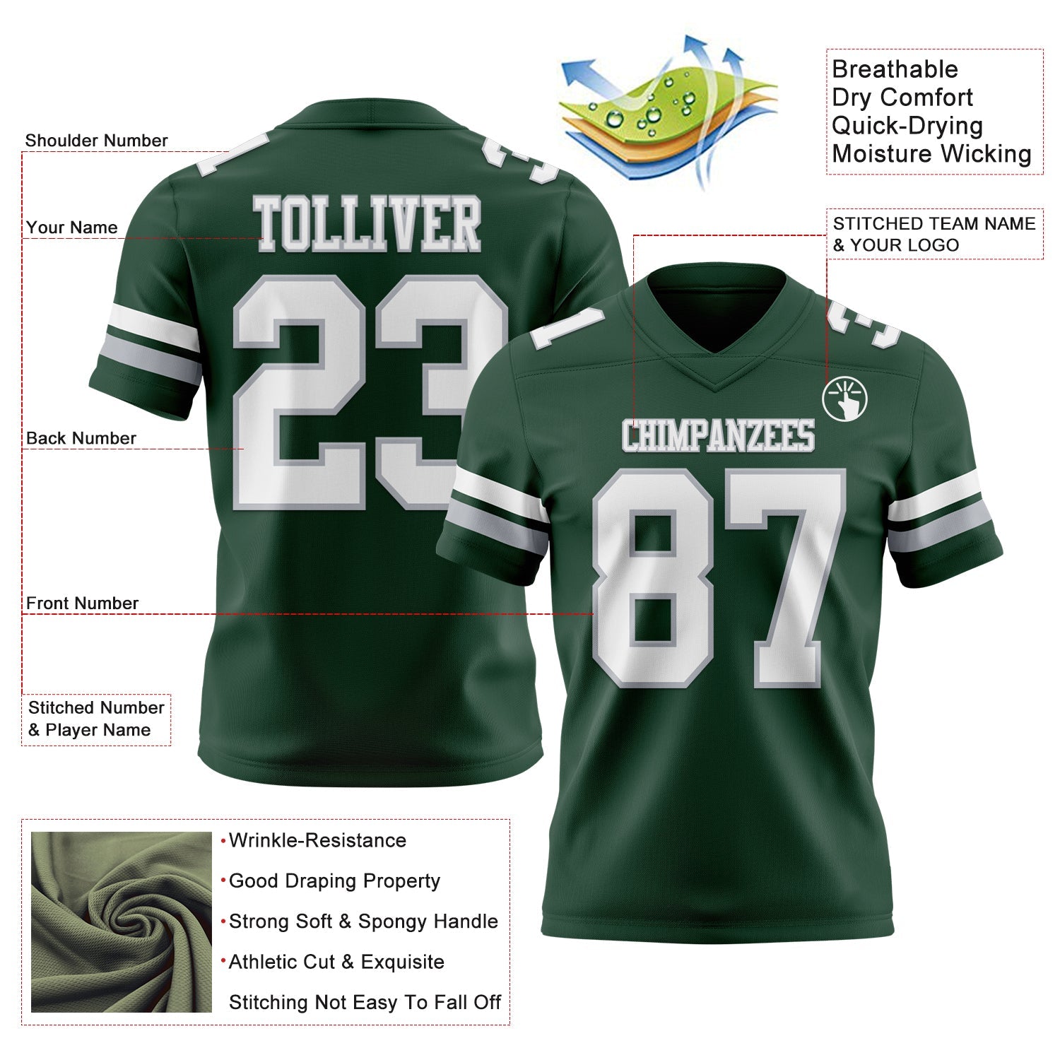 Custom Green White-Gray Authentic Football Jersey view 3