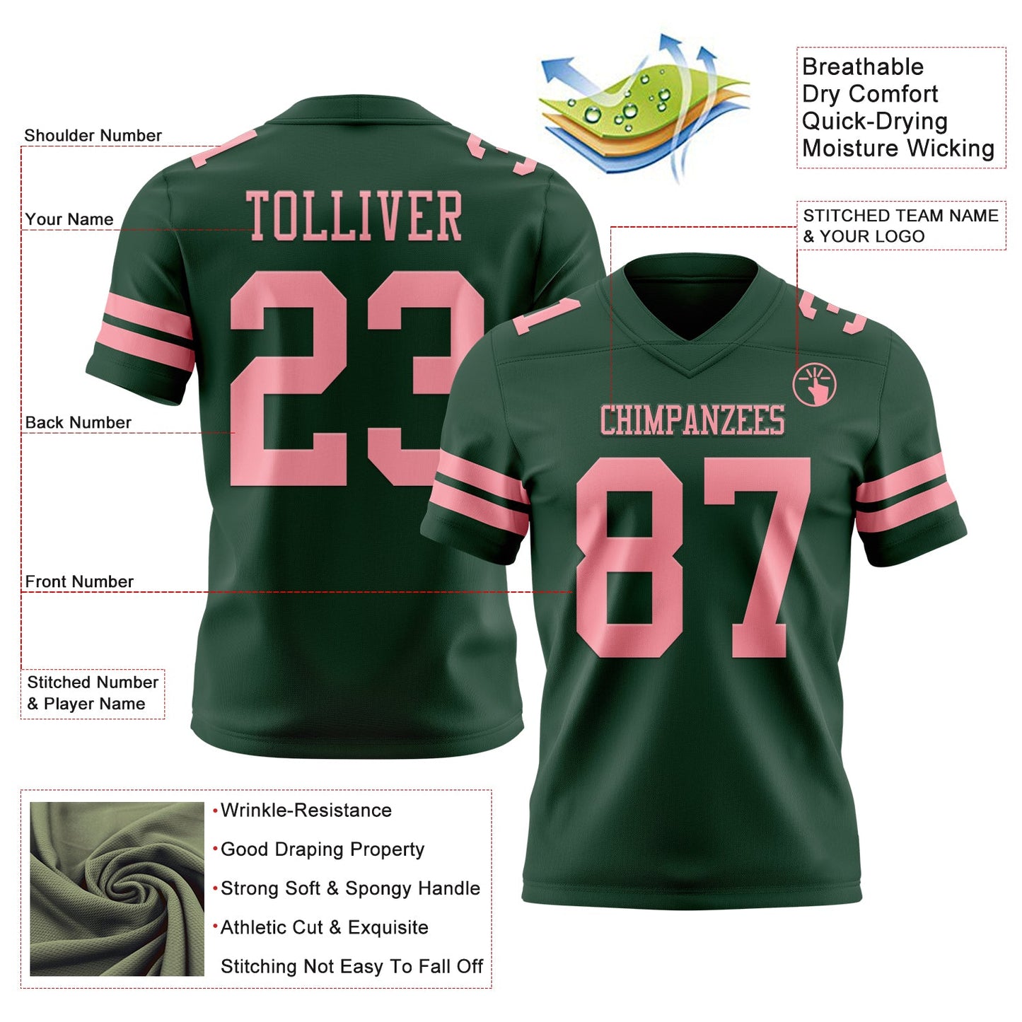 Custom Green Medium Pink Authentic Football Jersey view 3