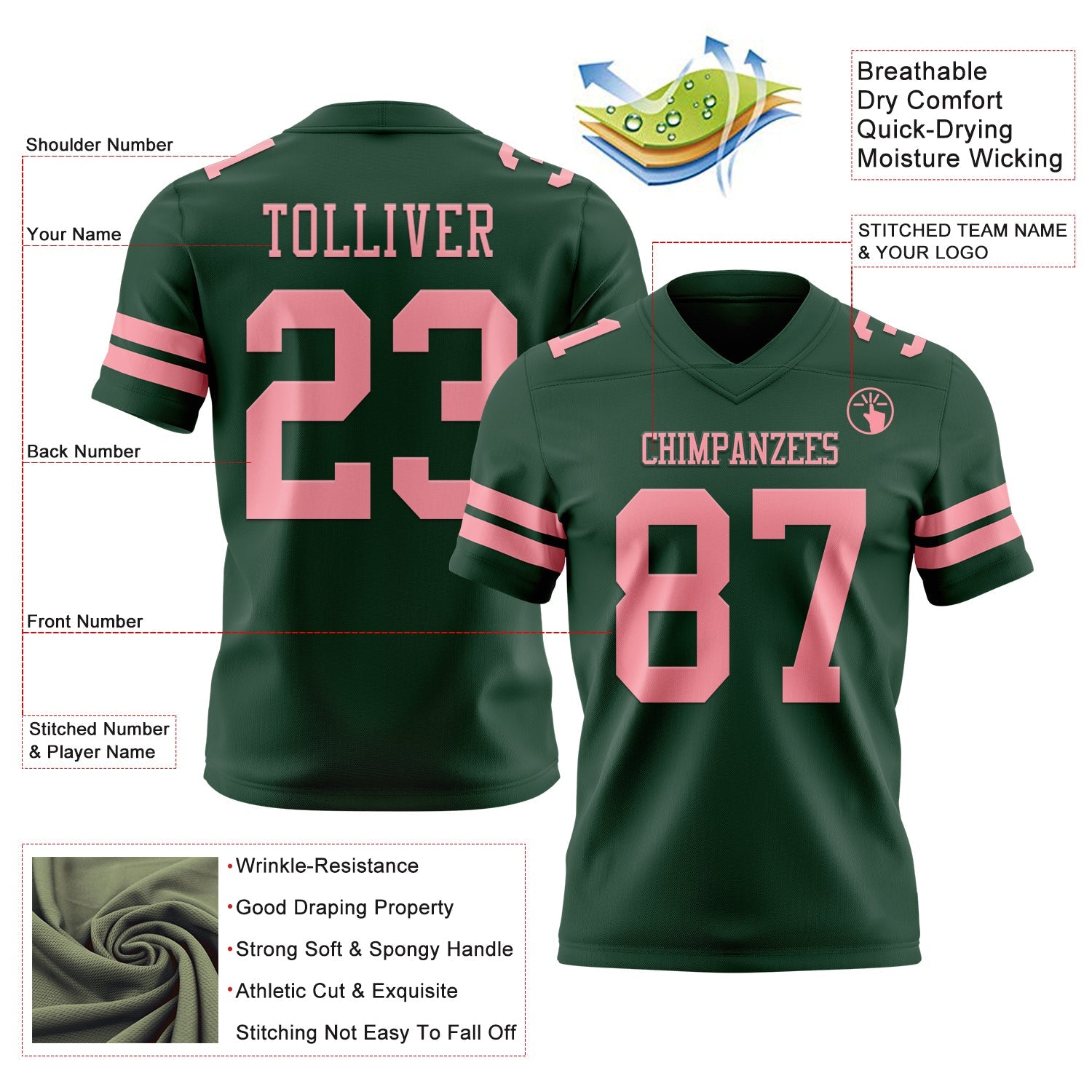 Custom Green Medium Pink Authentic Football Jersey view 3