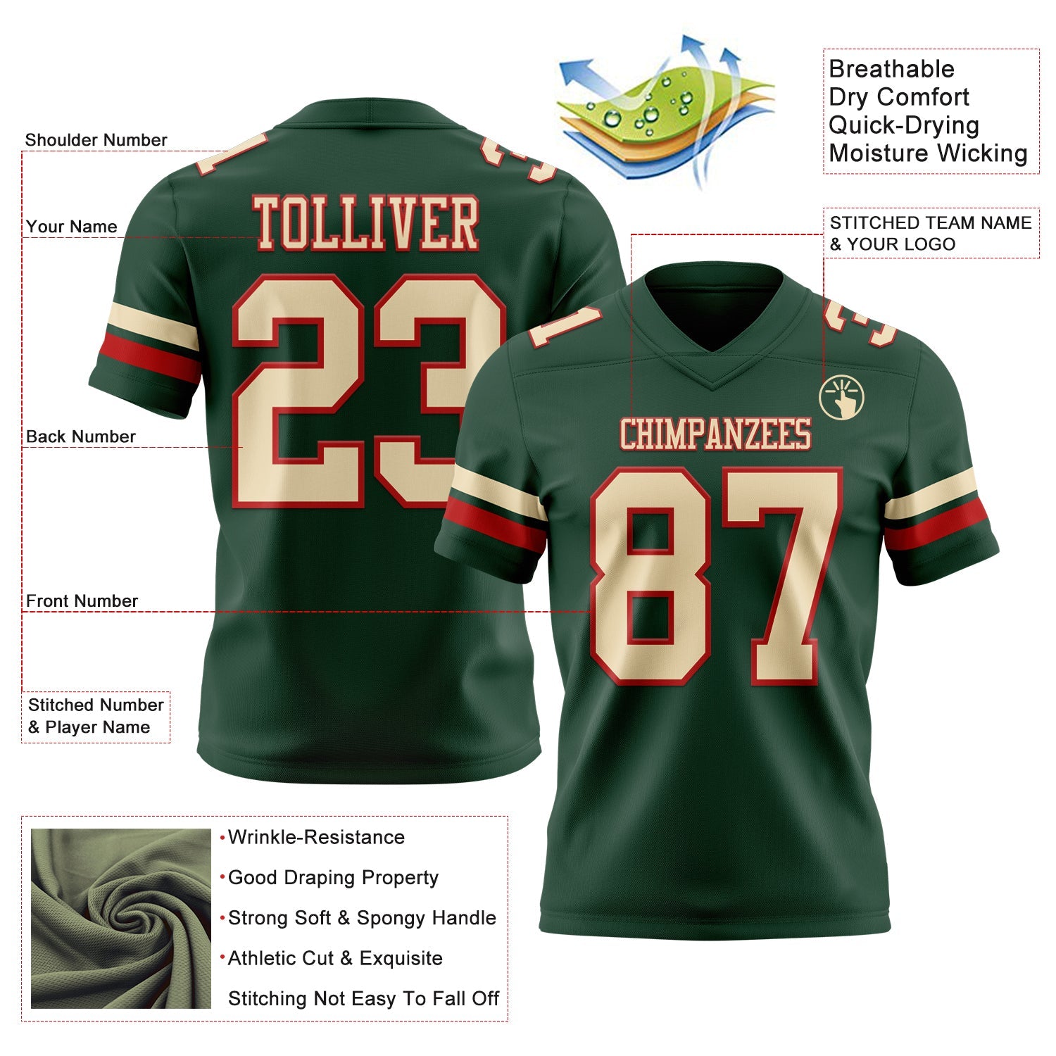 Custom Green Cream-Red Authentic Football Jersey view 3