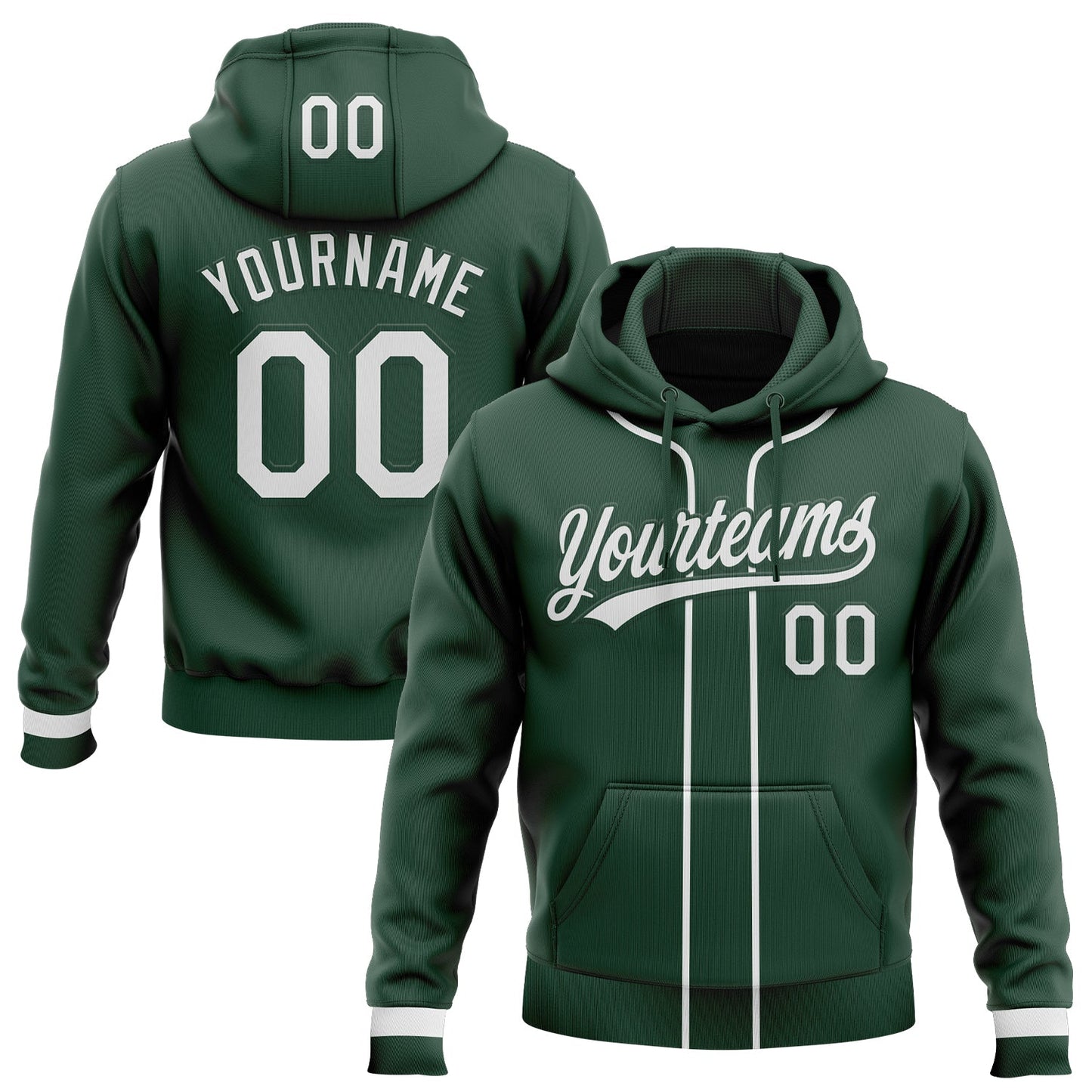 Custom Stitched Green White Baseball Pullover Sweatshirt Hoodie - Main View