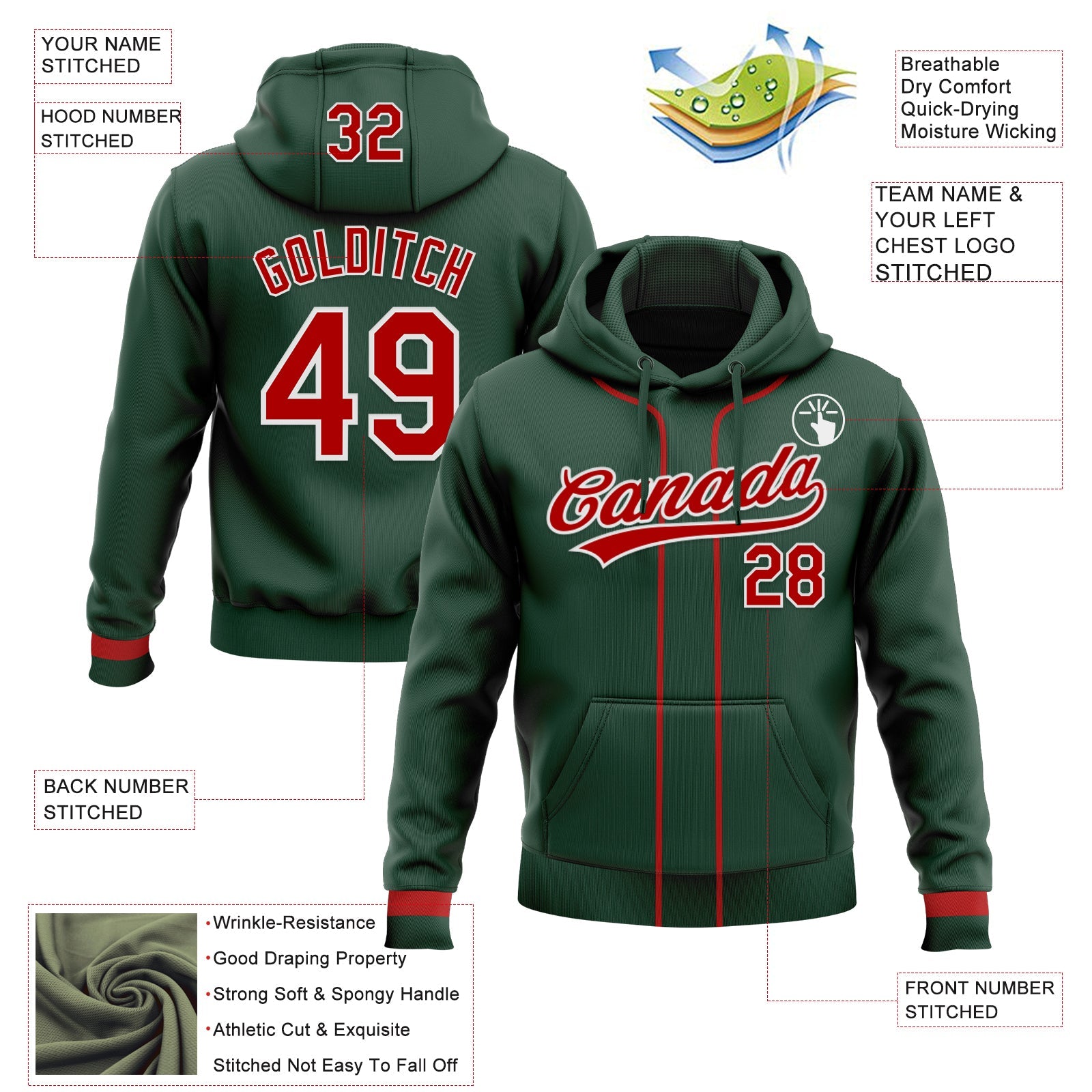 Custom Stitched Green Red-White Baseball Pullover Sweatshirt Hoodie view 2