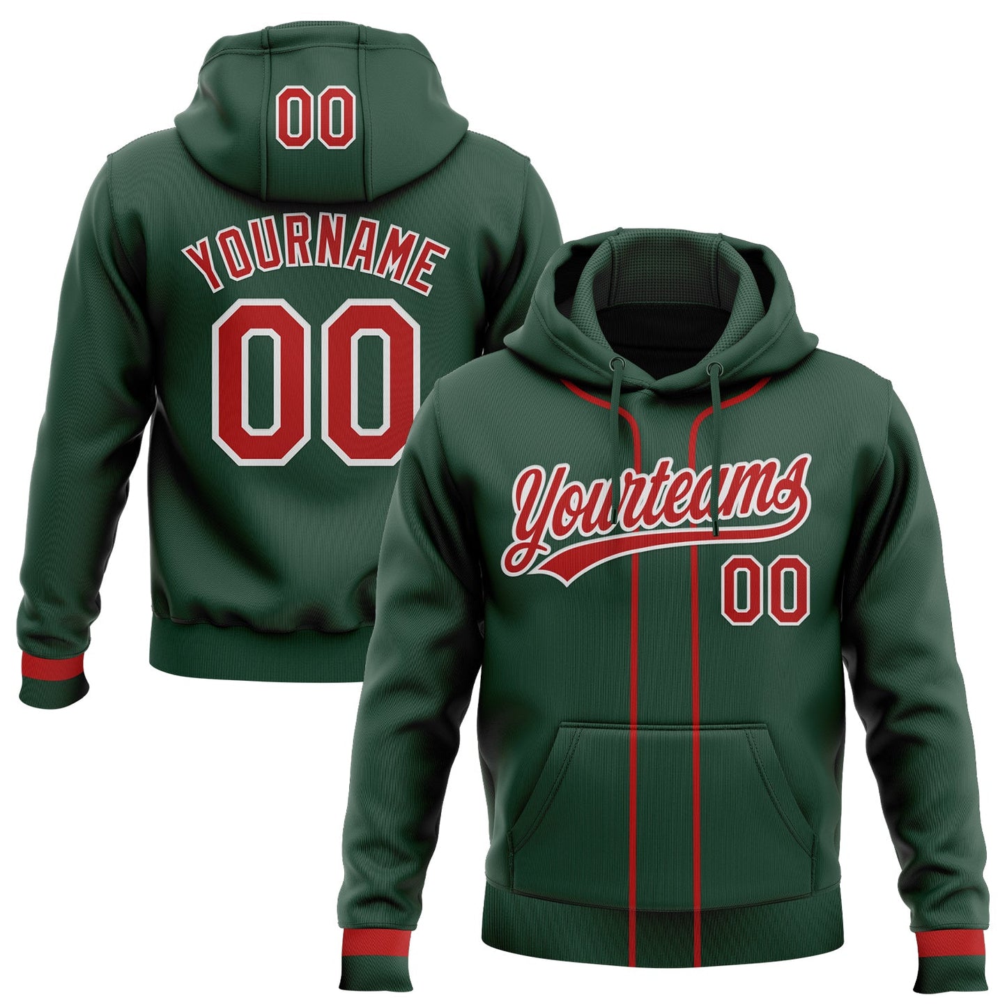 Custom Stitched Green Red-White Baseball Pullover Sweatshirt Hoodie - Main View