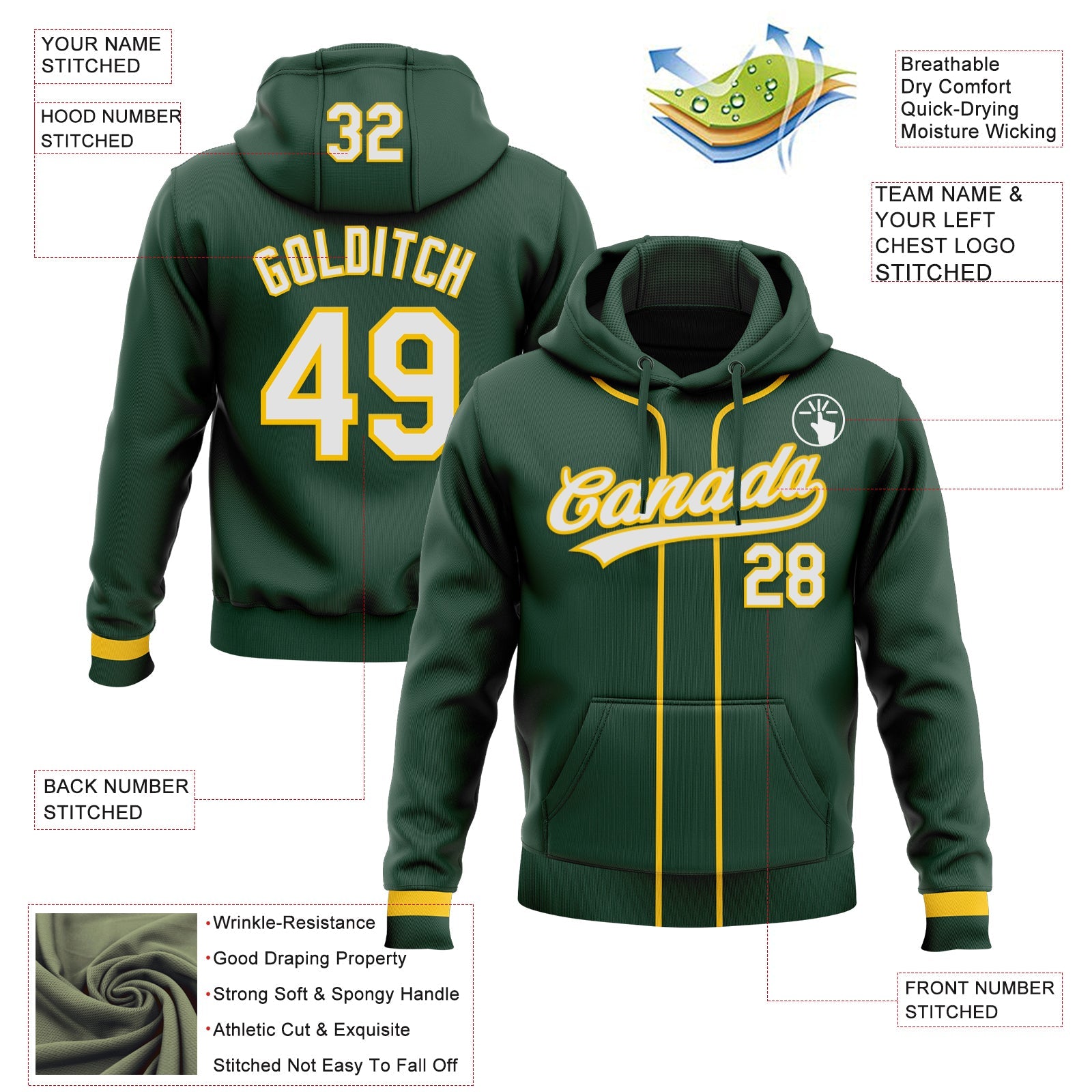 Custom Stitched Green White-Yellow Baseball Pullover Sweatshirt Hoodie view 2