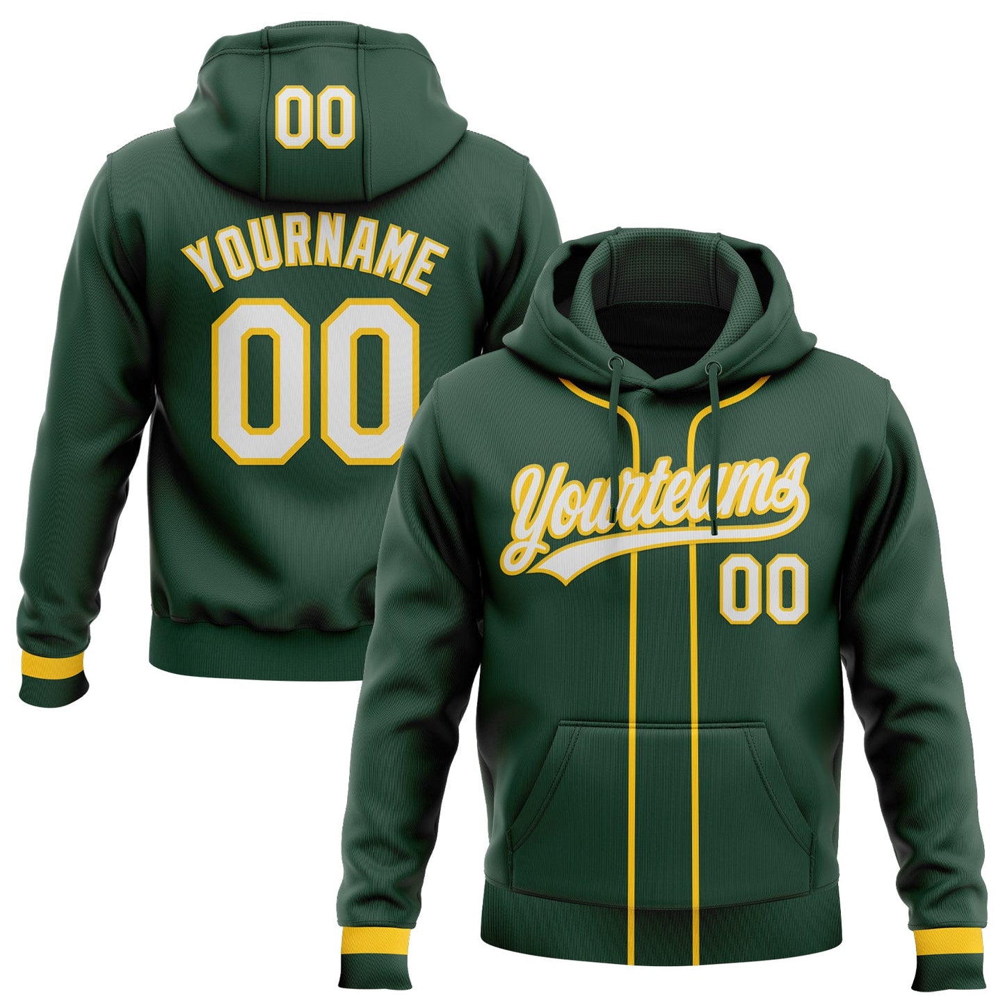 Custom Stitched Green White-Yellow Baseball Pullover Sweatshirt Hoodie - Main View