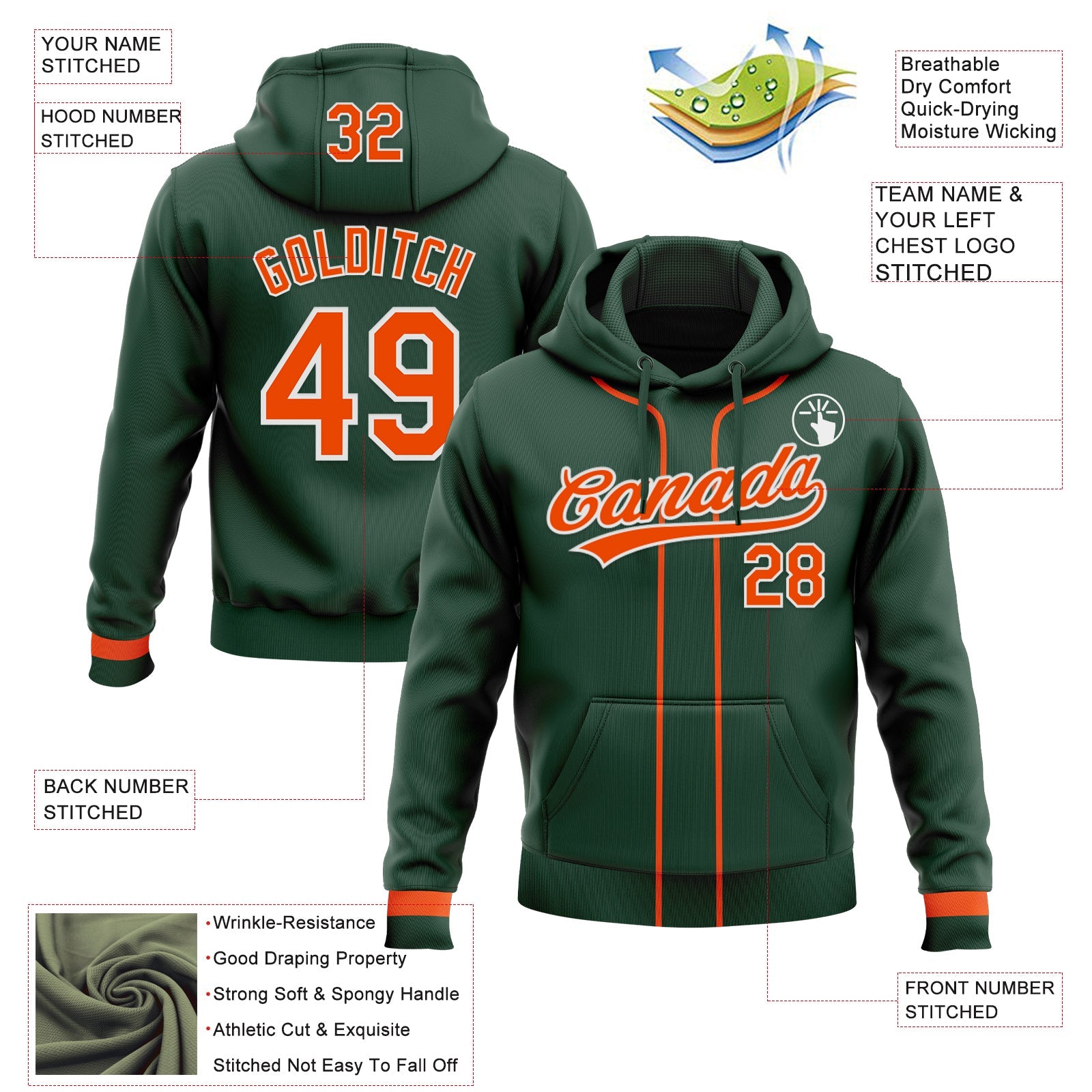 Custom Stitched Green Orange-White Baseball Pullover Sweatshirt Hoodie view 2