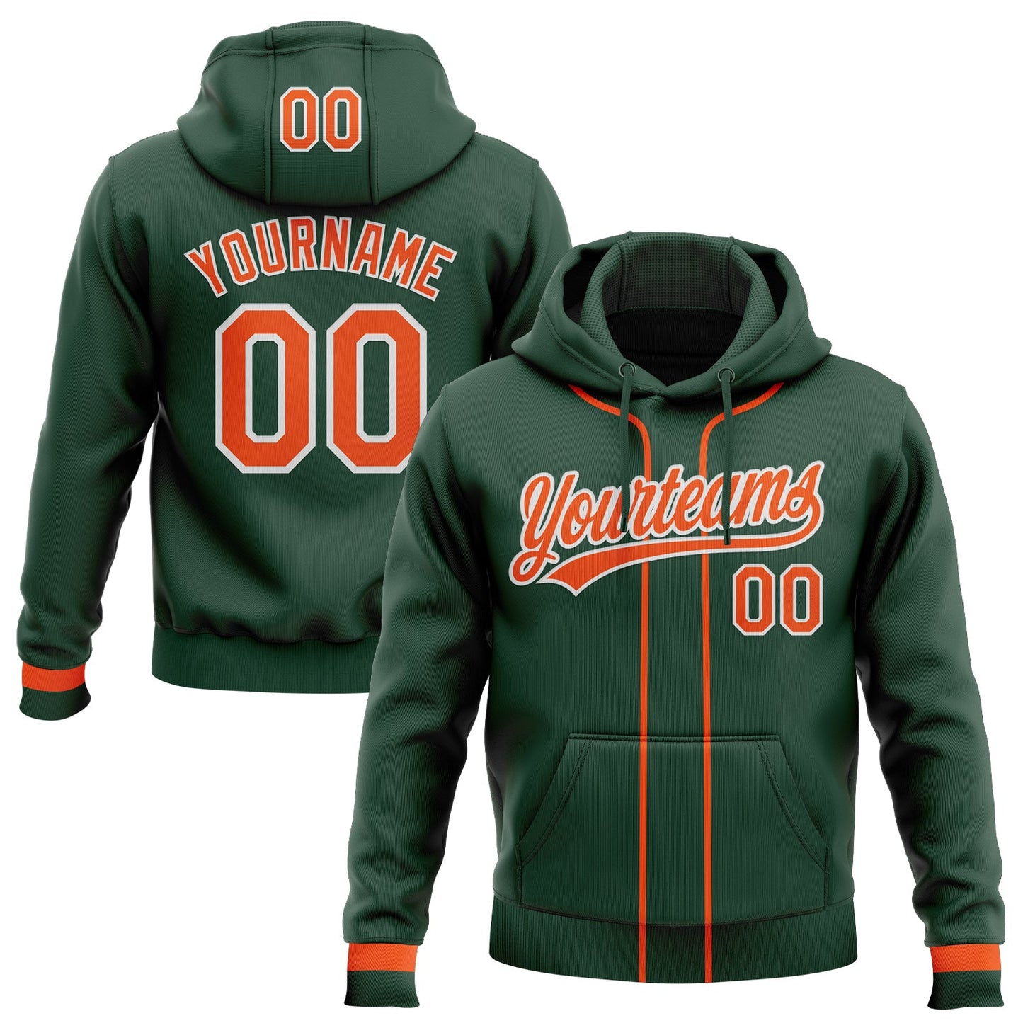 Custom Stitched Green Orange-White Baseball Pullover Sweatshirt Hoodie - Main View