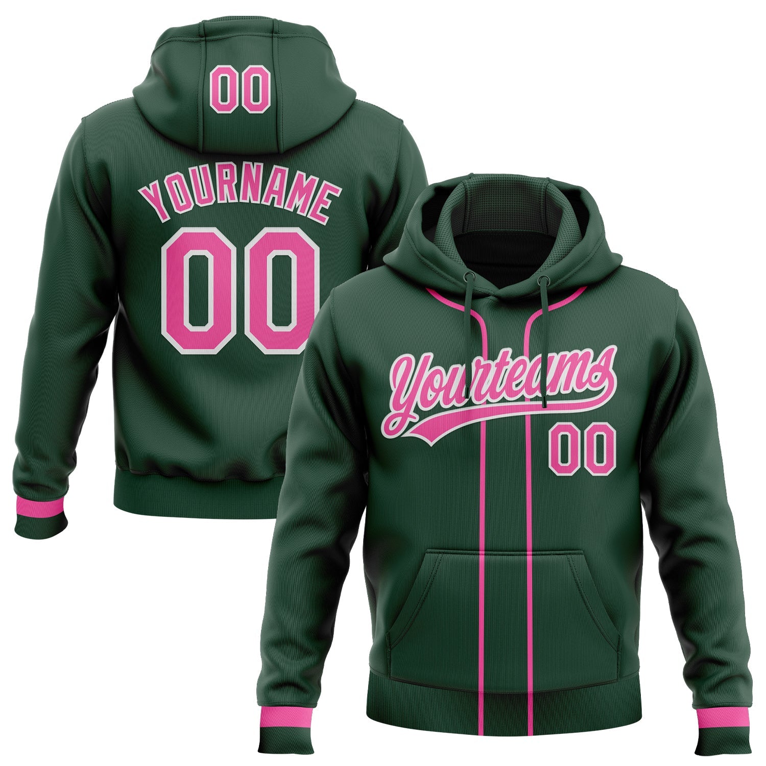 Custom Stitched Green Pink-White Baseball Pullover Sweatshirt Hoodie - Main View