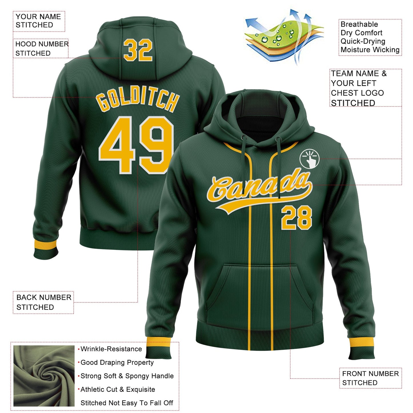 Custom Stitched Green Gold-White Baseball Pullover Sweatshirt Hoodie view 2